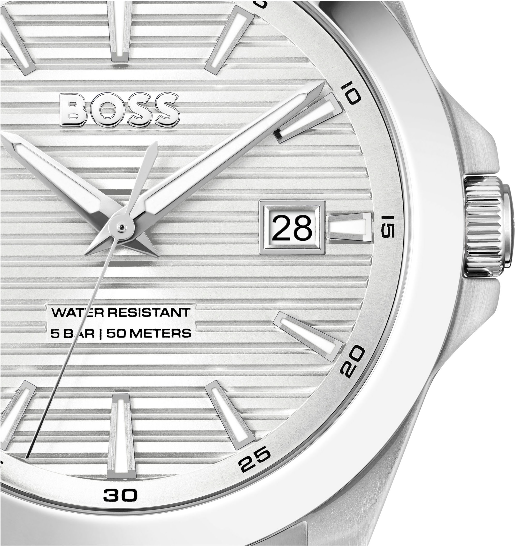 BOSS Quarzuhr »STRIKE«, Armbanduhr, Damenuhr, Herrenuhr, Edelstahlarmband, analog, Tag