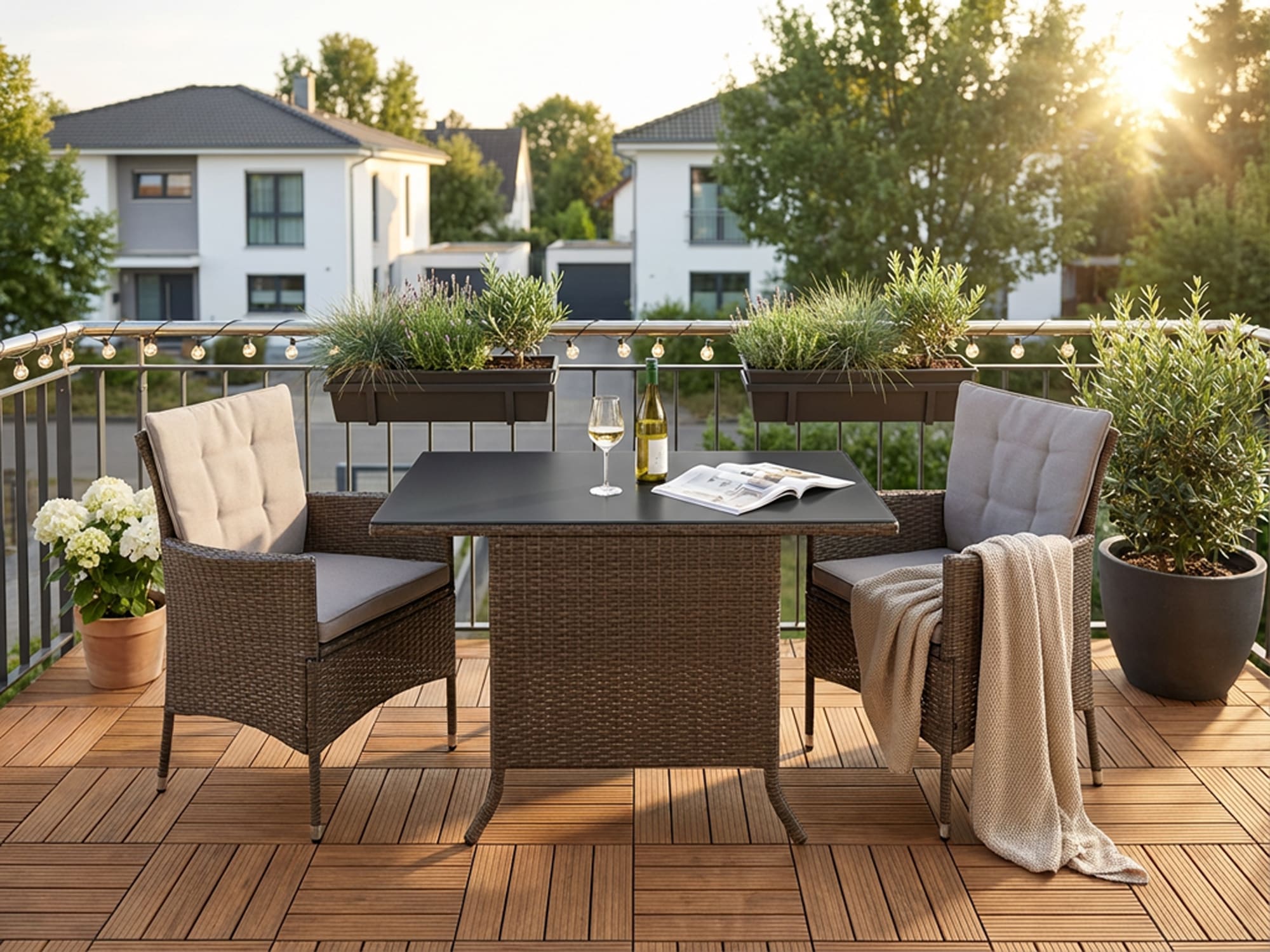 KONIFERA Garten-Essgruppe "Balkonset "Mailand"" Set, 2x Sessel, 1x Tisch 112x65 cm, inkl. Auflagen, Polyrattan, 7 Stk. tlg. Tischplatte aus Sicherheitsglas