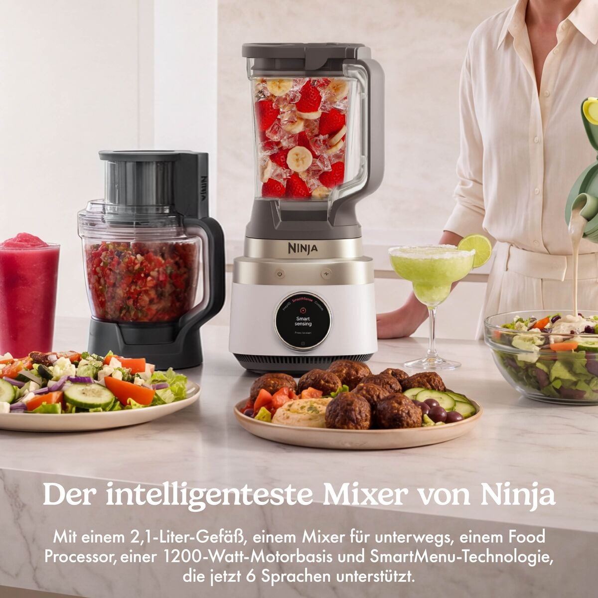 NINJA Standmixer »LB401EUWH1 Ninja CrushBOSS 3-in-1-Küchensystem« 1200 W mit Food Processor und Becher – Weiß & Champagne