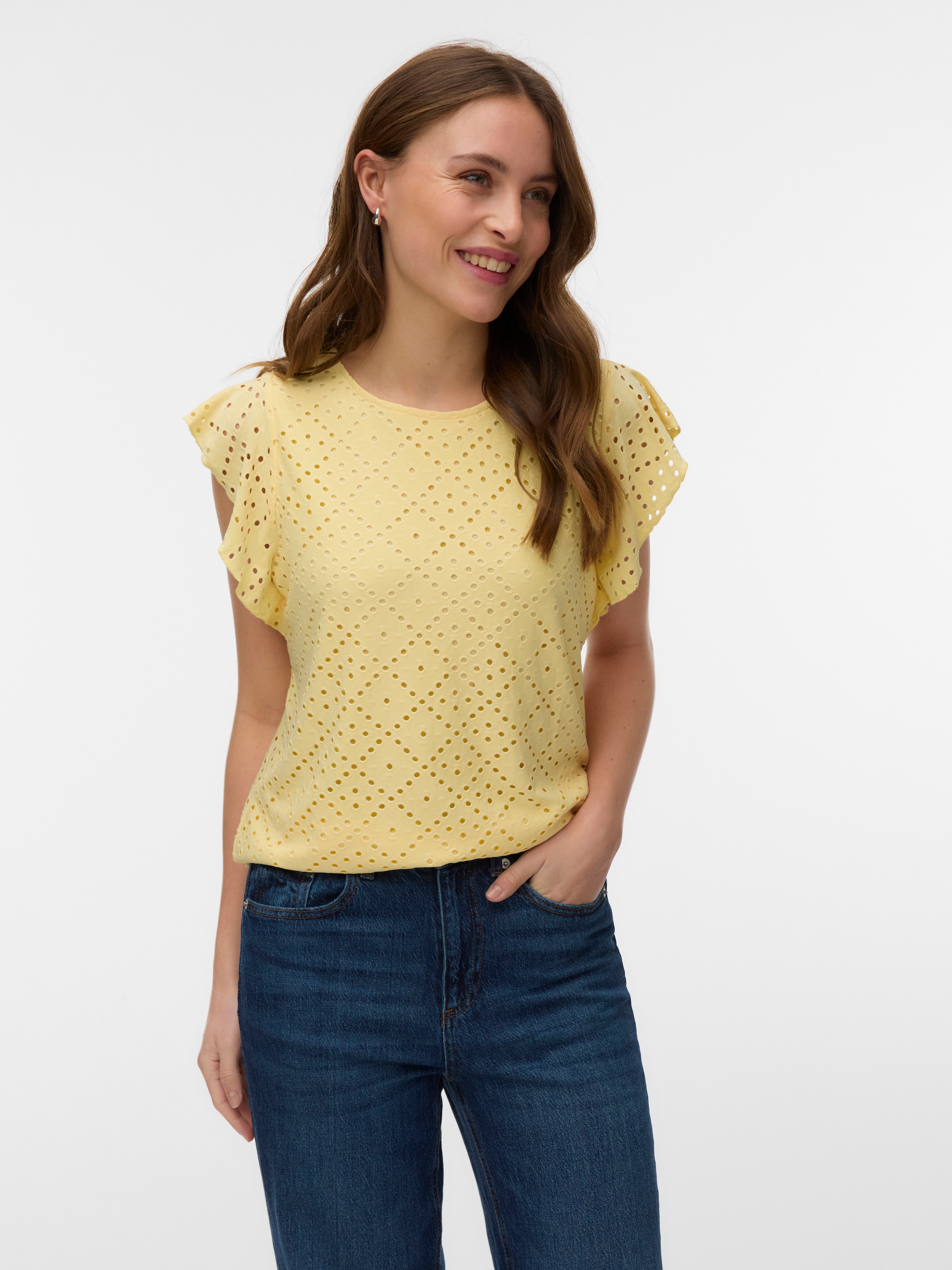 Vero Moda Rundhalsshirt "VMTASSA SL FRILL TOP NOOS" Materialmix, loose fit günstig online kaufen