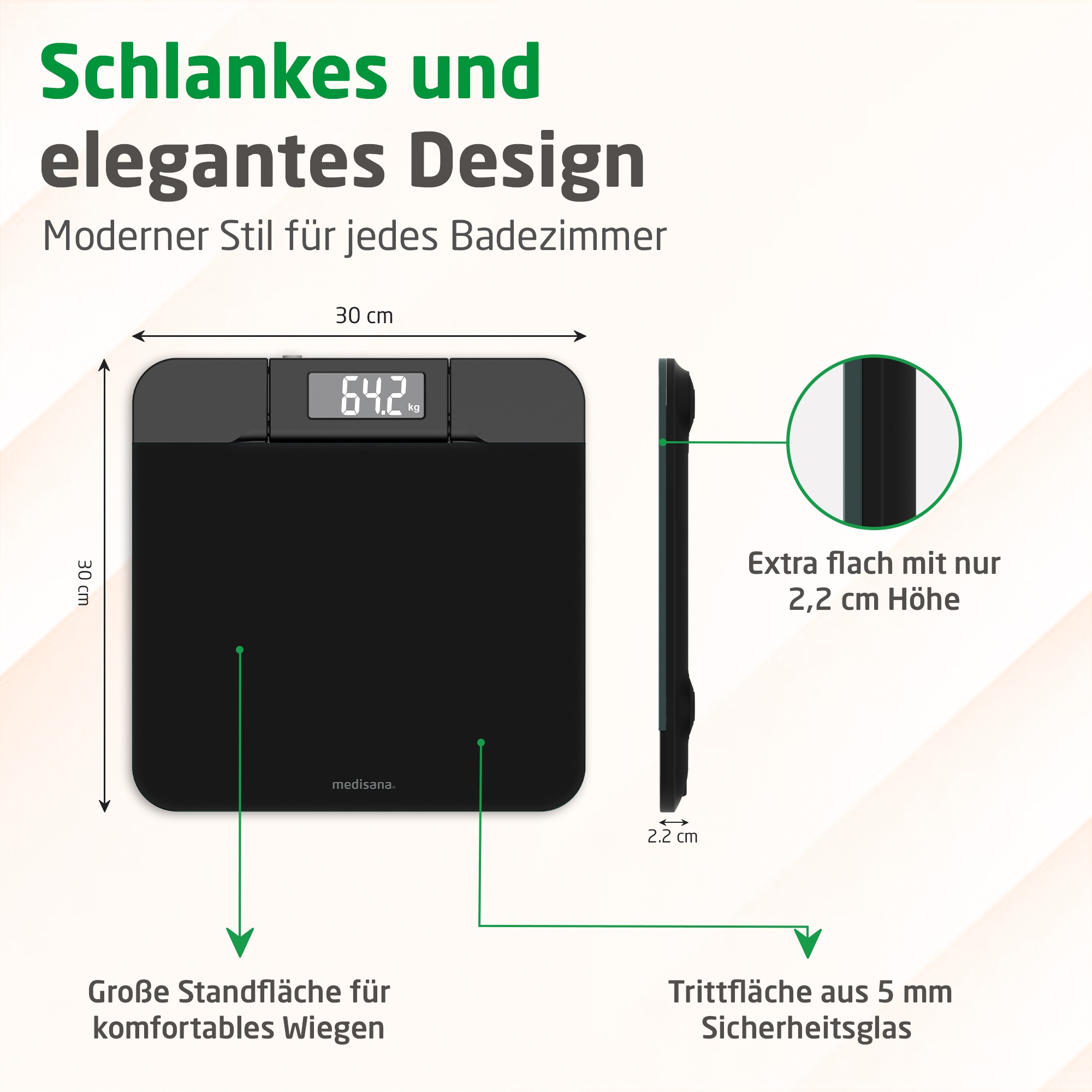 Medisana Personenwaage »PS 520, aus 5 mm Sicherheitsglas und mit Wandprojektionsanzeige« Tragkraft bis 180 kg, großes LCD-Display, Dehnungsmesssensoren