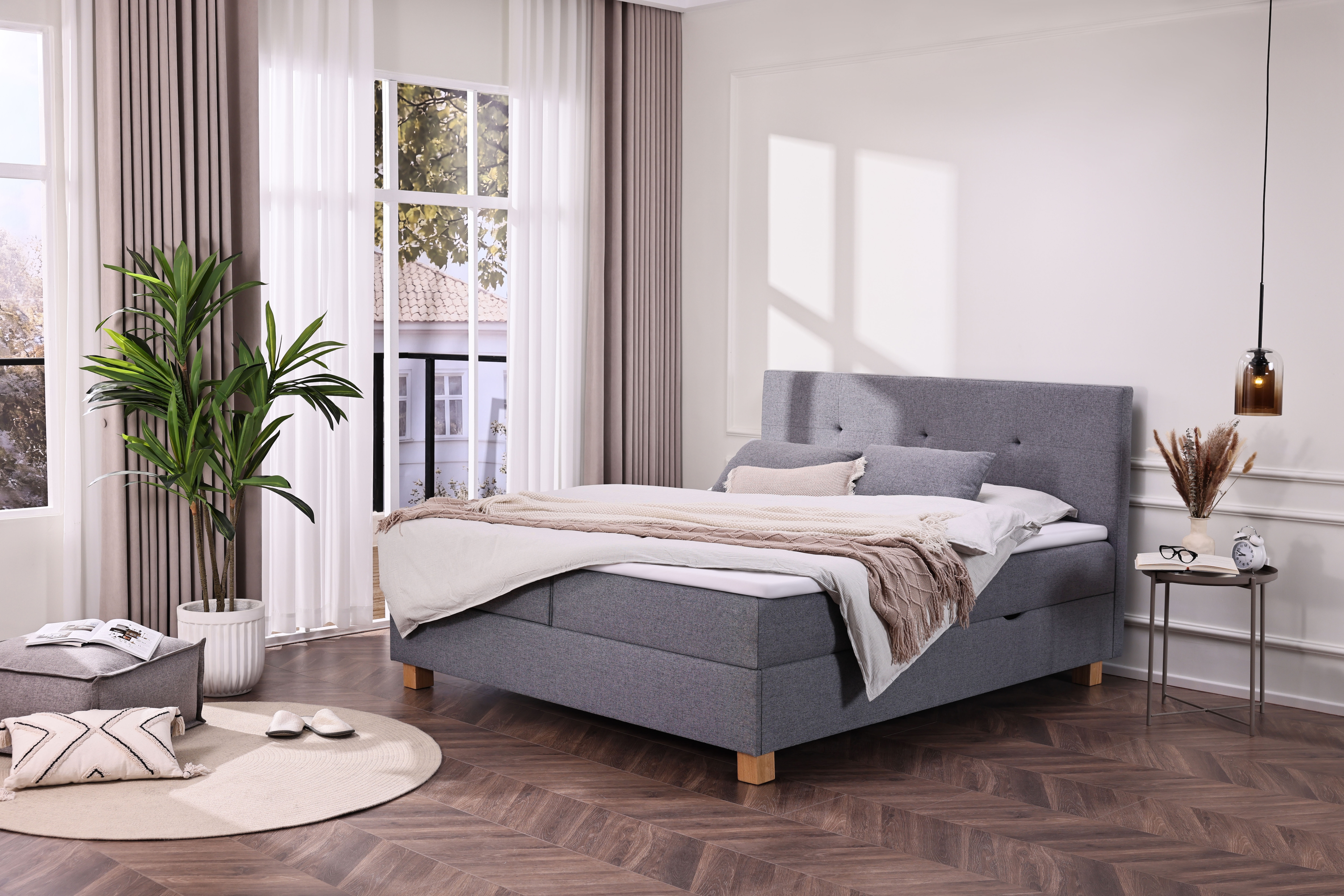 Home affaire Boxbett "Oyré, Polsterbett mit Bettkasten, inkl. Taschenfederkernmatratze H3" mit Topper, Strukturstoff-Bezug, 180x200 cm, Holzfüße in eichefarben