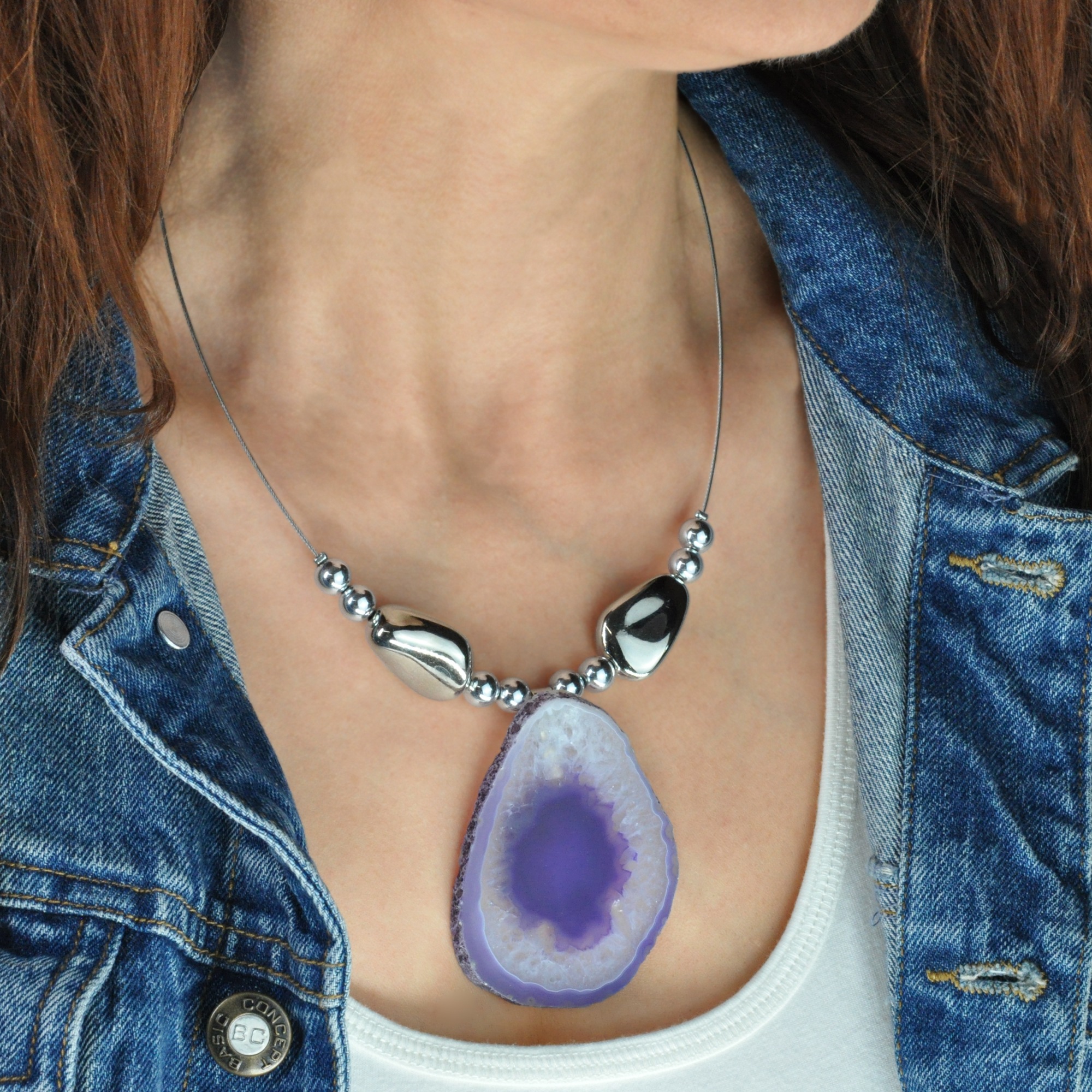 Kette mit Anhänger STEUER "Drahtcollier silberfarben Silberelemente und Achatscheibe lila", lila, Halsketten, Damen, 57cm, Metall, L: 57, glänzend 2