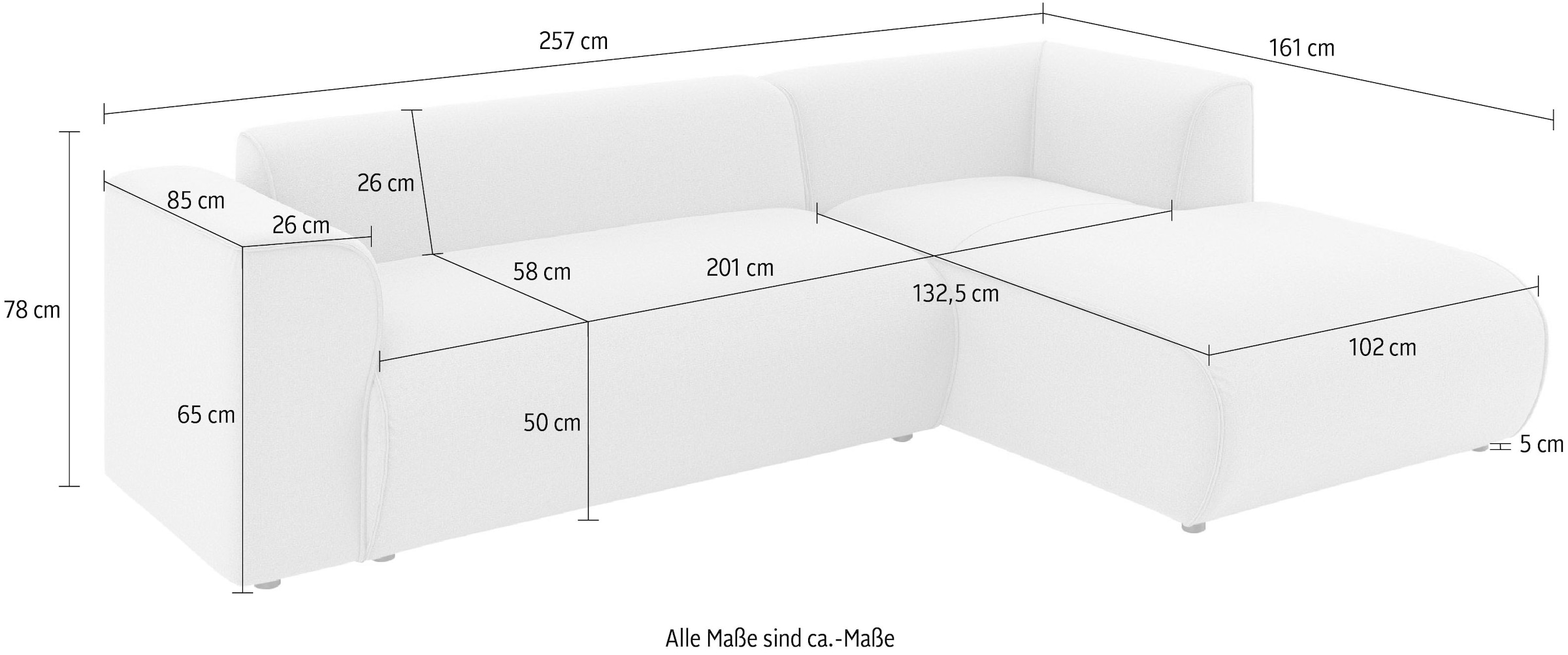 INOSIGN Ecksofa »MERID L-Form (257 cm), zeitlos & stilvolles Design,«, Aufwendig gepolstert, in Cord, Chenille und Struktur