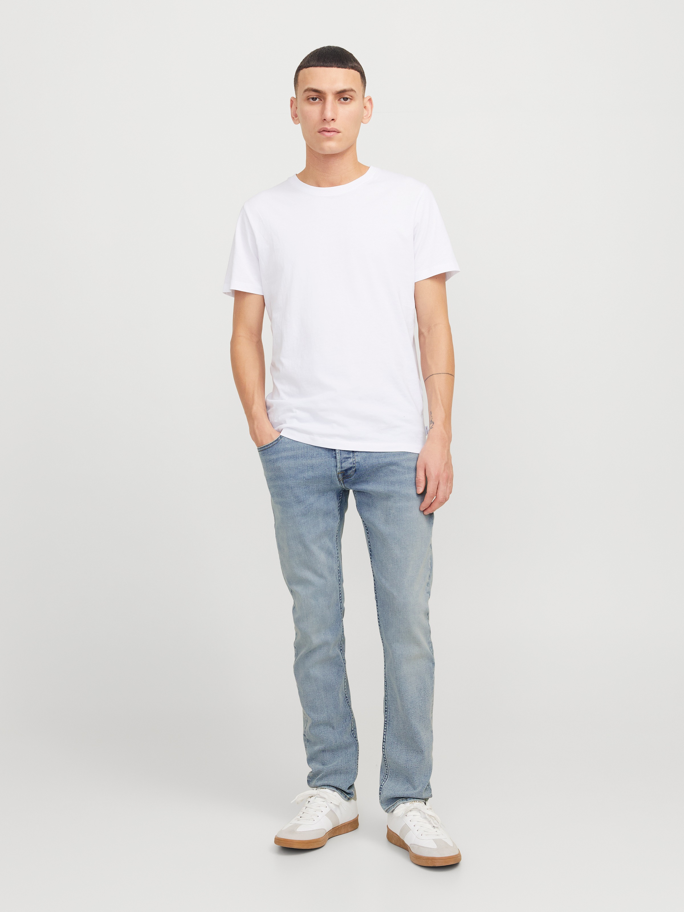 Slim-fit-Jeans JACK & JONES "JJIGLENN Slim-Fit mit Stretch und praktischer 5-Pocket-Form", Herren, Gr. 34, Länge 34, blau (blau denim), Denim/Jeans, Obermaterial: 70% Baumwolle, 28% Polyester, 2% Elasthan, Abriebeffekte, slim fit knöchellang, Jeans Slim-f 2