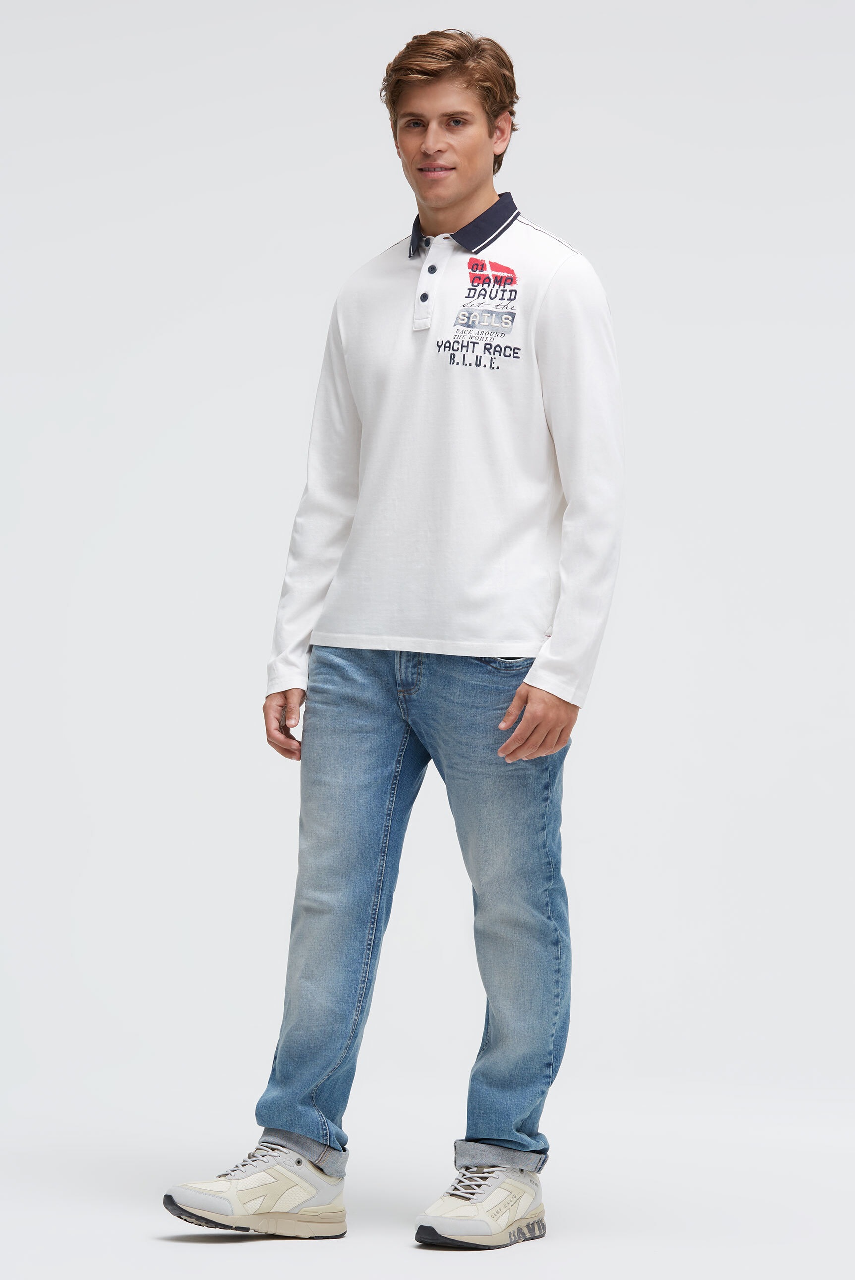 Langarm-Poloshirt CAMP DAVID, Herren, Gr. M, weiß, Piqué, Material: 100% Baumwolle, bedruckt, bestickt, regular fit normal, hoch geschlossener Ausschnitt, eingesetzt gerader Abschluss, Shirts, aus Baumwolle 3