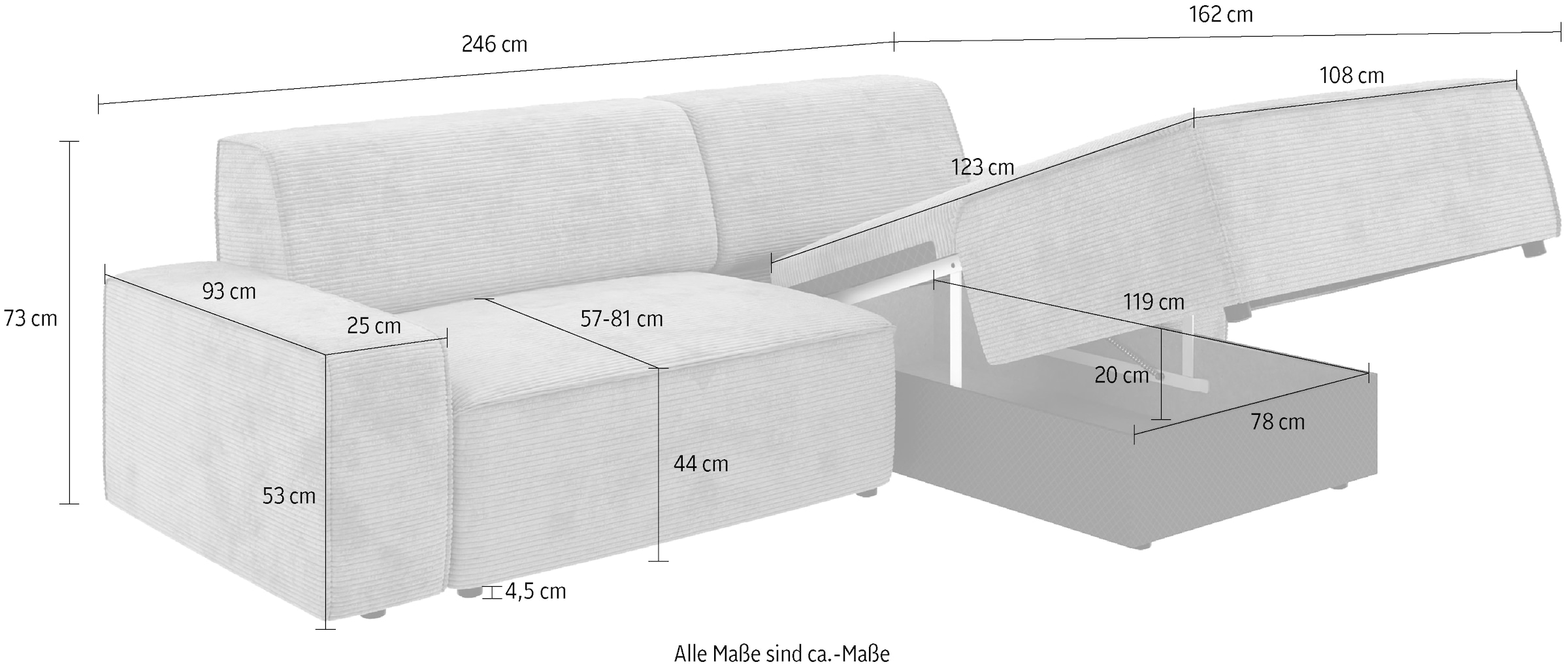 TRENDMANUFAKTUR Ecksofa »Graz, wahlweise mit Sitzvorschub und Bettkasten, L-Form, Breite 246 cm«, in Cord-, haustierfreundlichem LEO Struktur- oder LUMOS-3D-Bezug