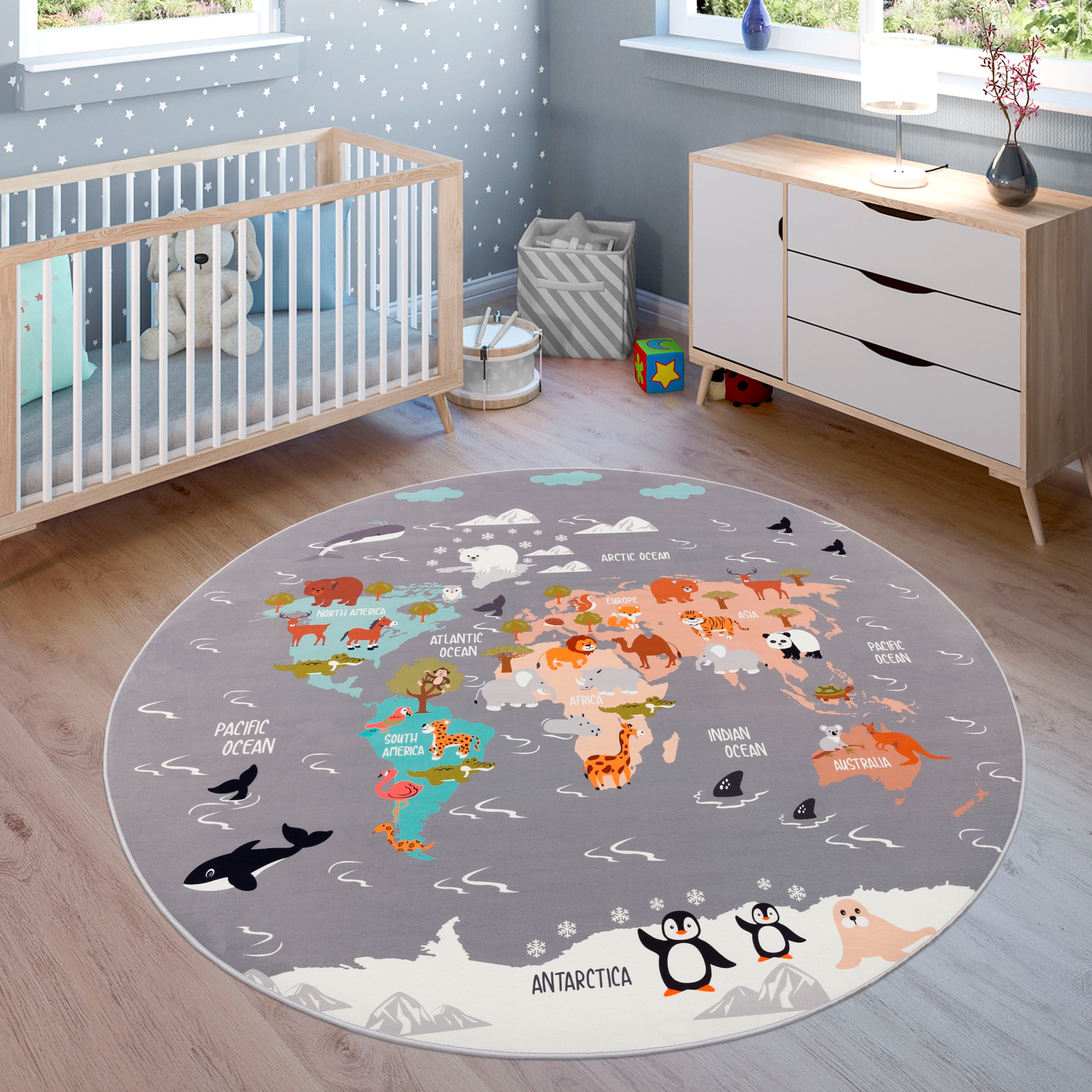 Paco Home Kinderteppich "Bino 581", rund, Spielteppich, Motiv Weltkarte & Tiere, Kinderzimmer