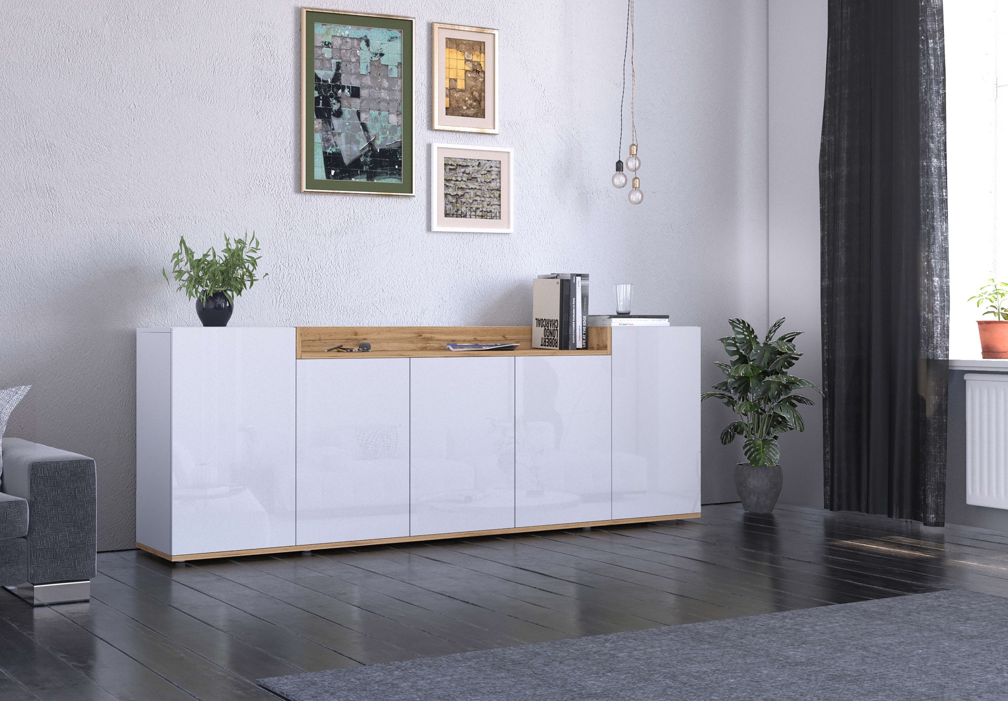 OTTO home Sideboard »BOLSENA, Kommode, Schrank,Lowboard mit 8 Fächer und offenes Ablagefach« 1 Stk. tlg. Breite 200 cm,stehend/hängend,Fronten Hochglanz lackiert,Made in Italy