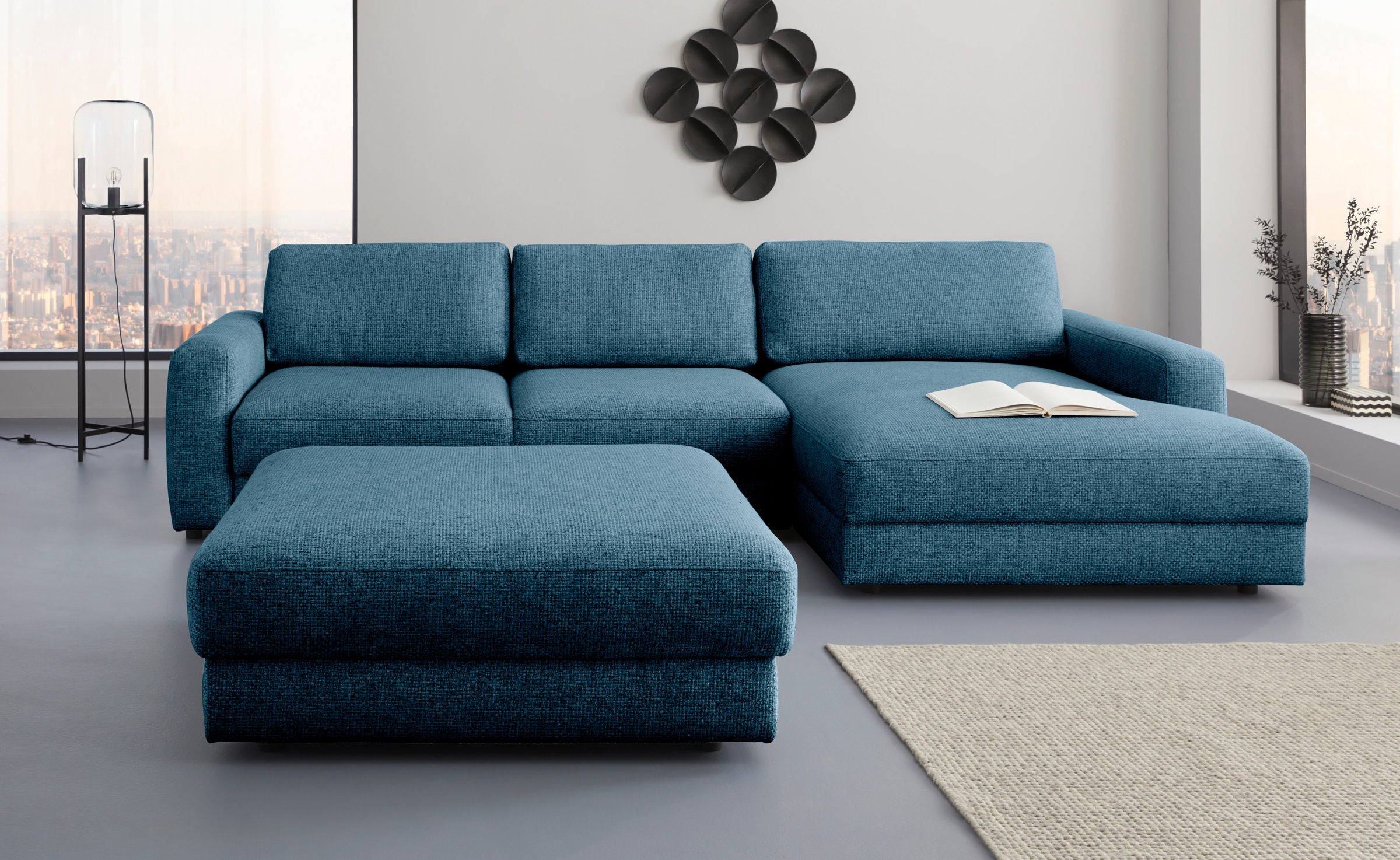Ecksofa HOME AFFAIRE "Bloomfield, bequem und elegant, Breite 303cm, L-Form", blau (tepestry), B:303cm H:84cm T:176cm, 100% Polyester, Sofas, Ecksofa, wahlweise mit Bettfunktion und Bettkasten, Unser Dauertiefpreis 6