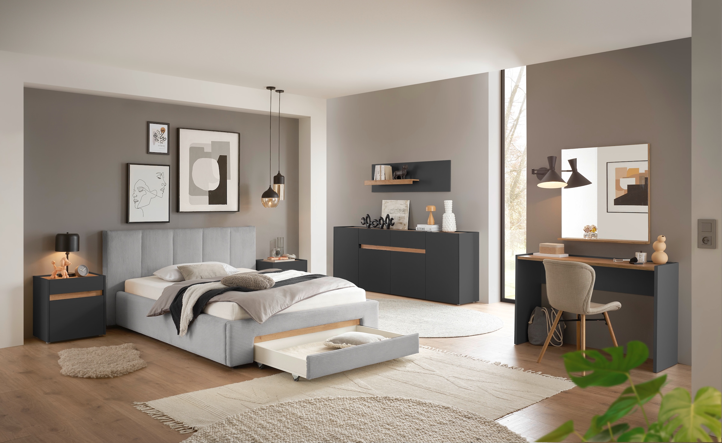 INOSIGN Polsterbett »CiTY/GiRON, Bettgestell mit Bettkasten, gepolstertes Stauraumbett«, mit Hundebett oder Stauraumschublade, Bezug Cord-oder Leinenoptik