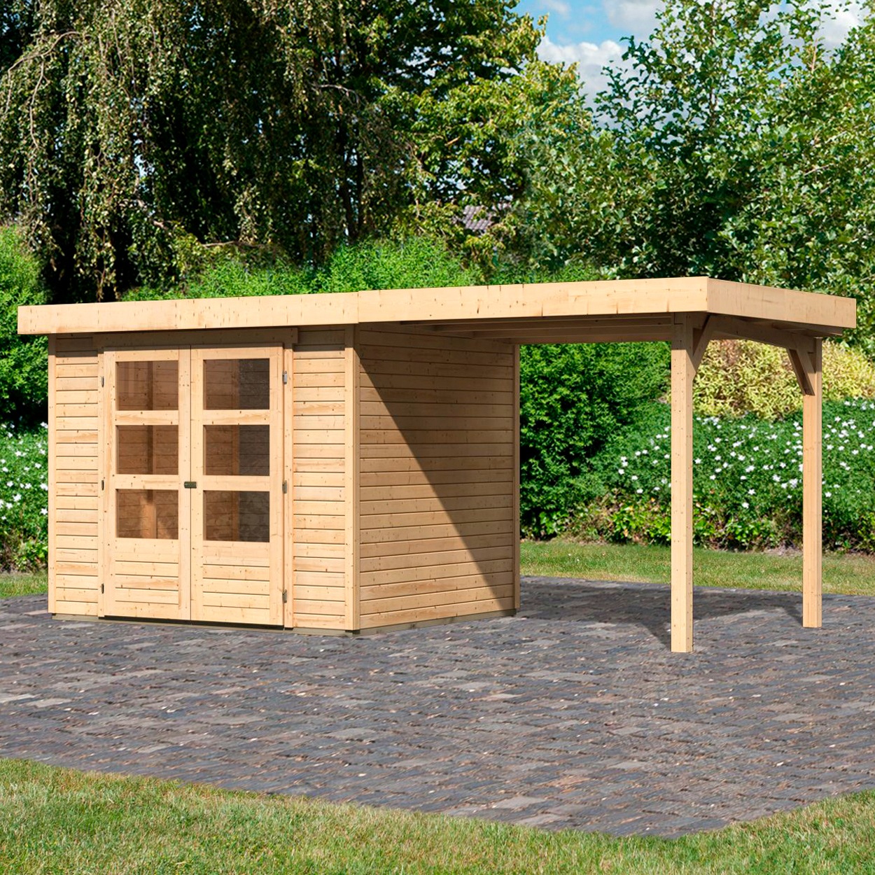 Karibu Gartenhaus "Arnis" mit Anbaudach 2,40 m Breite günstig online kaufen