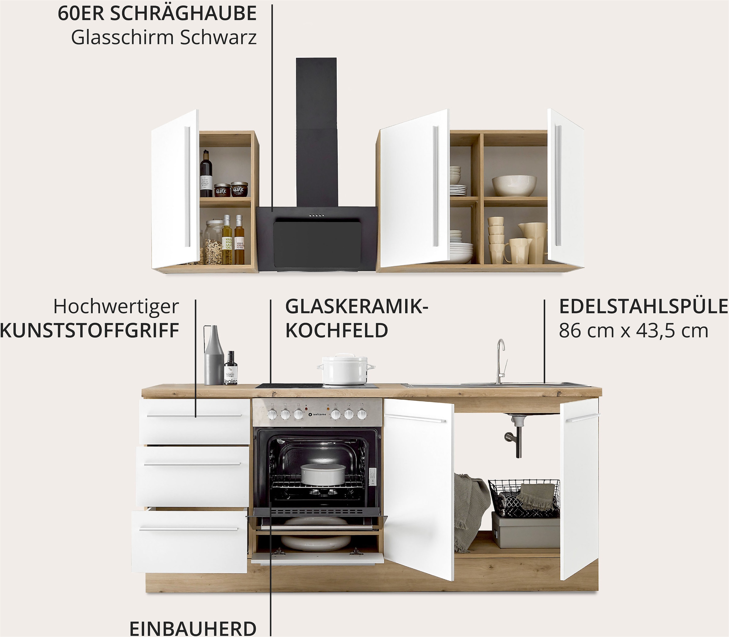 KOCHSTATION Küchenzeile »KS-Florida mit 38mm starker Arbeitsplatte« Breite 210 cm, wahlweise mit E-Geräten, Soft-Close-Funktion