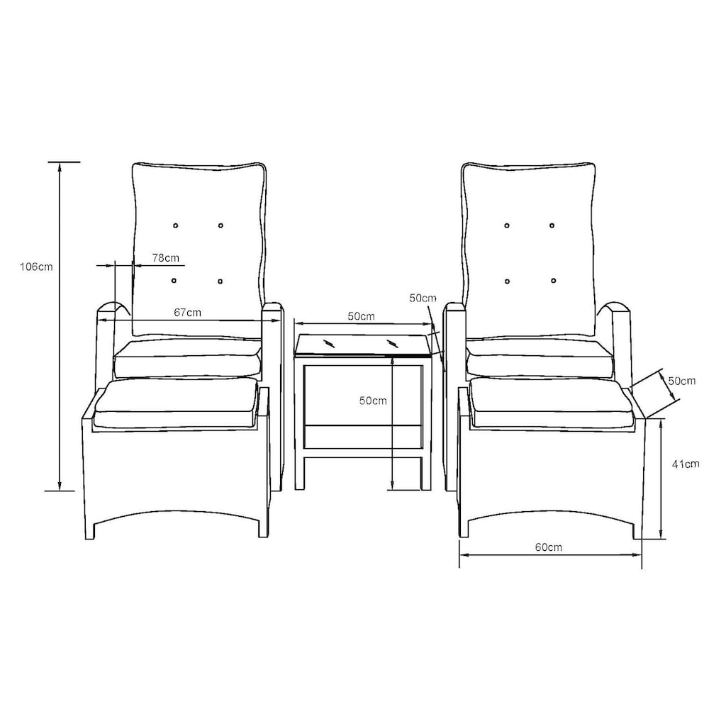 KONIFERA Balkonset »Monaco«, (Set, 11 tlg., 2x Sessel, 2x Hocker, 1x Tisch 49x49 cm, inkl. Auflagen, Aluminium), Polyrattan, Rückenlehnen stufenlos verstellbar