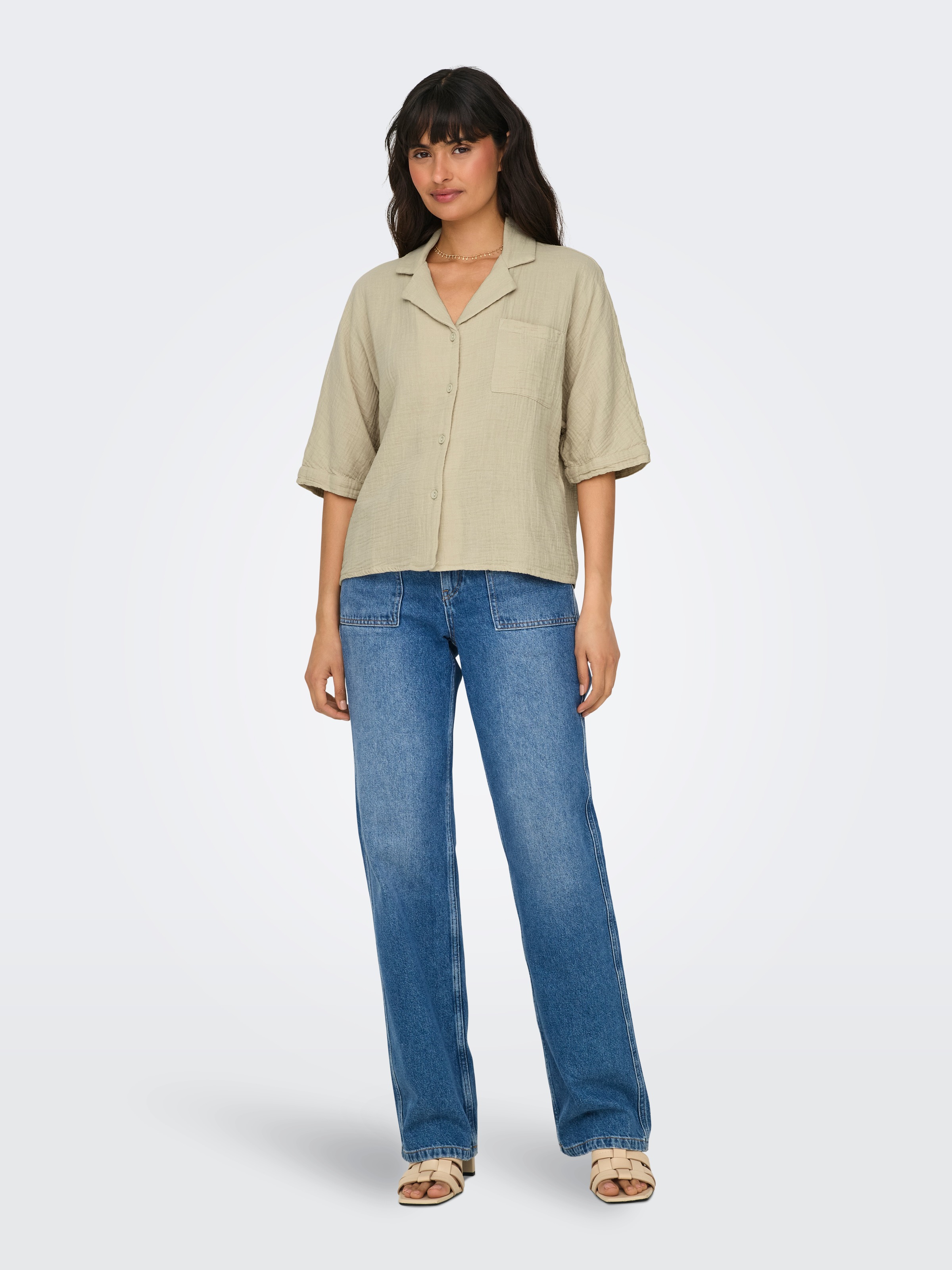 Kurzarmbluse ONLY "ONLTHYRA LIFE SS SHIRT NOOS WVN", Damen, Gr. M, oxford tan, Web, Obermaterial: 100% Baumwolle, unifarben, regular fit normal, V-Ausschnitt, Blusen 3