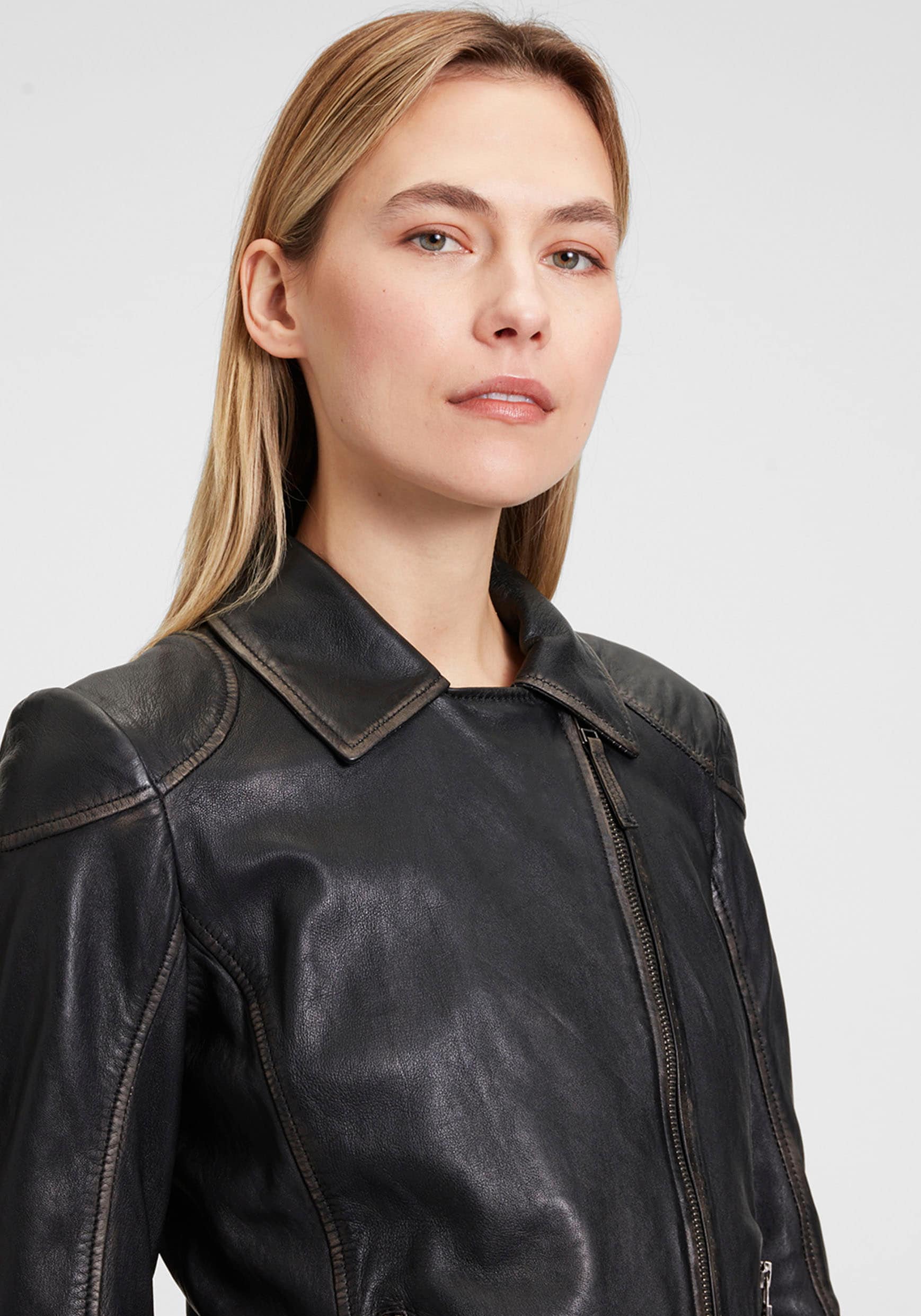 Mauritius Lederjacke »MWPeggie«, im Vintage-Look, asymetrischer Reißverschluss, Reverskragen
