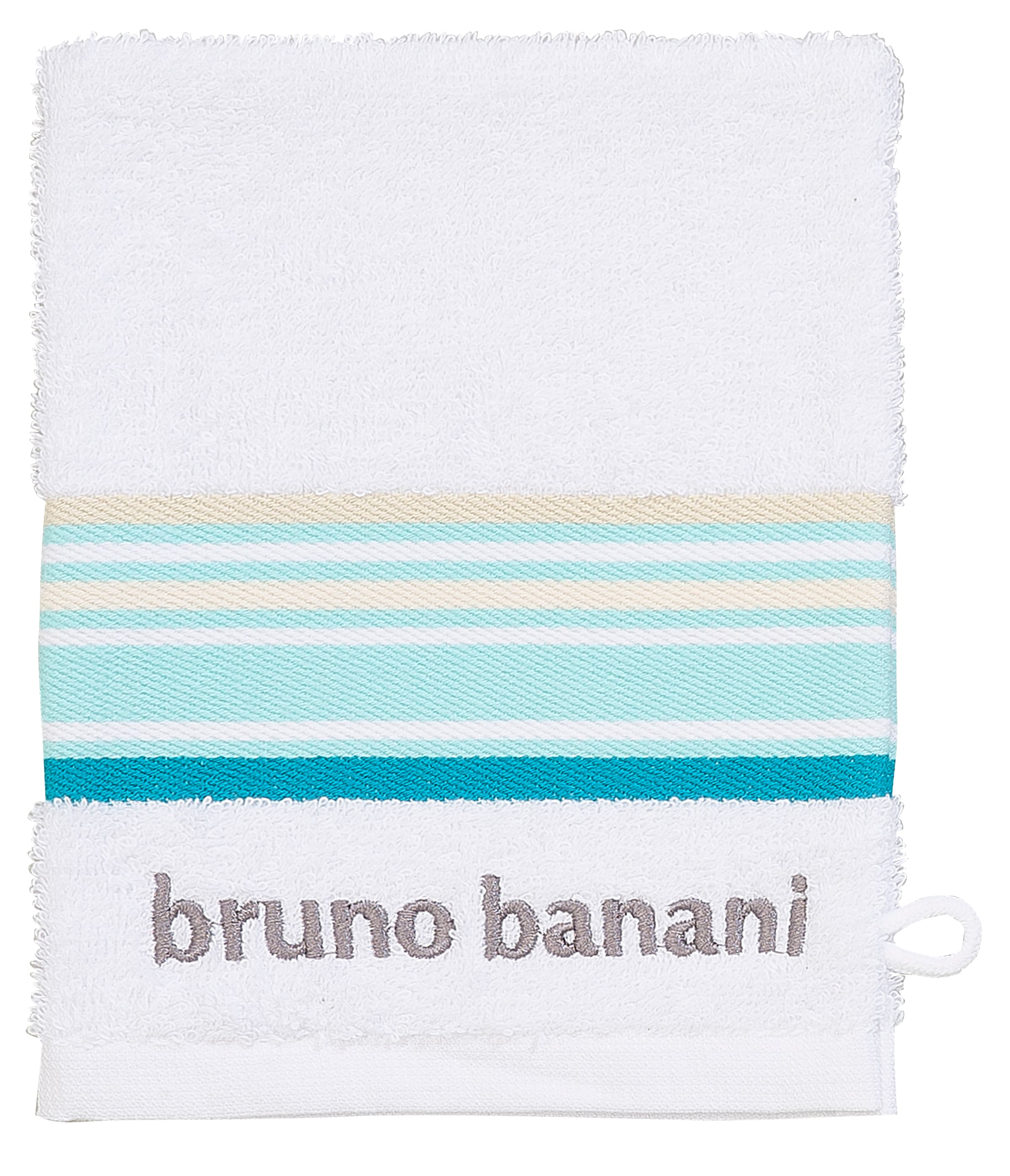 Bruno Banani Handtuch Set »Maja«, (Set, 7 St., 1 Duschtuch 70 x 140 cm-2 Handtücher 50 x 100 cm-2 Gästetücher 30 x 50 cm-2 Waschhandschuhe 16 x 21 cm), mit Bordüre und Markenlogo, 7 teiliges Handtücher Set, 100% Baumwolle