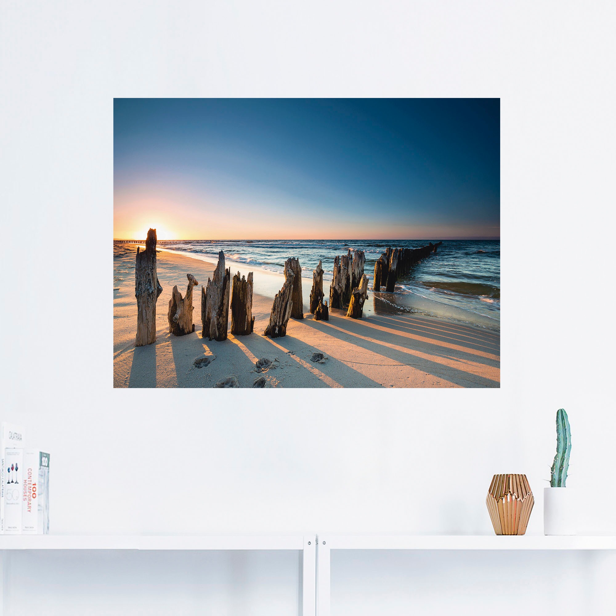 Artland Wandbild »Sonnenuntergang Strand Wellenbrecher«, Meer Bilder, (1 St.), als Alubild, Outdoorbild, Leinwandbild, Poster, Wandaufkleber