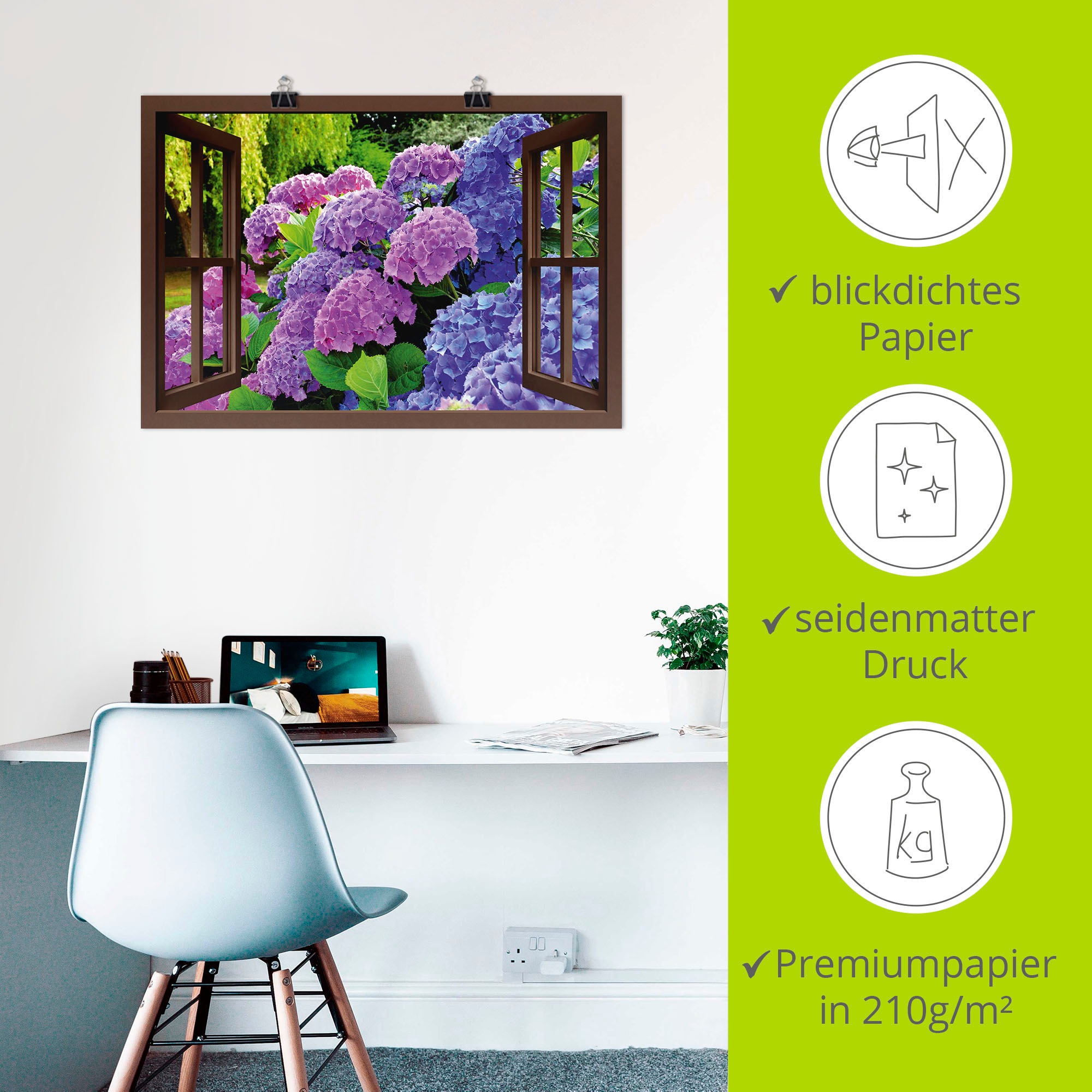 Artland Wandbild »Fensterblick - Hortensien im Garten«, Blumen, (1 St.), als Leinwandbild, Poster in verschied. Größen