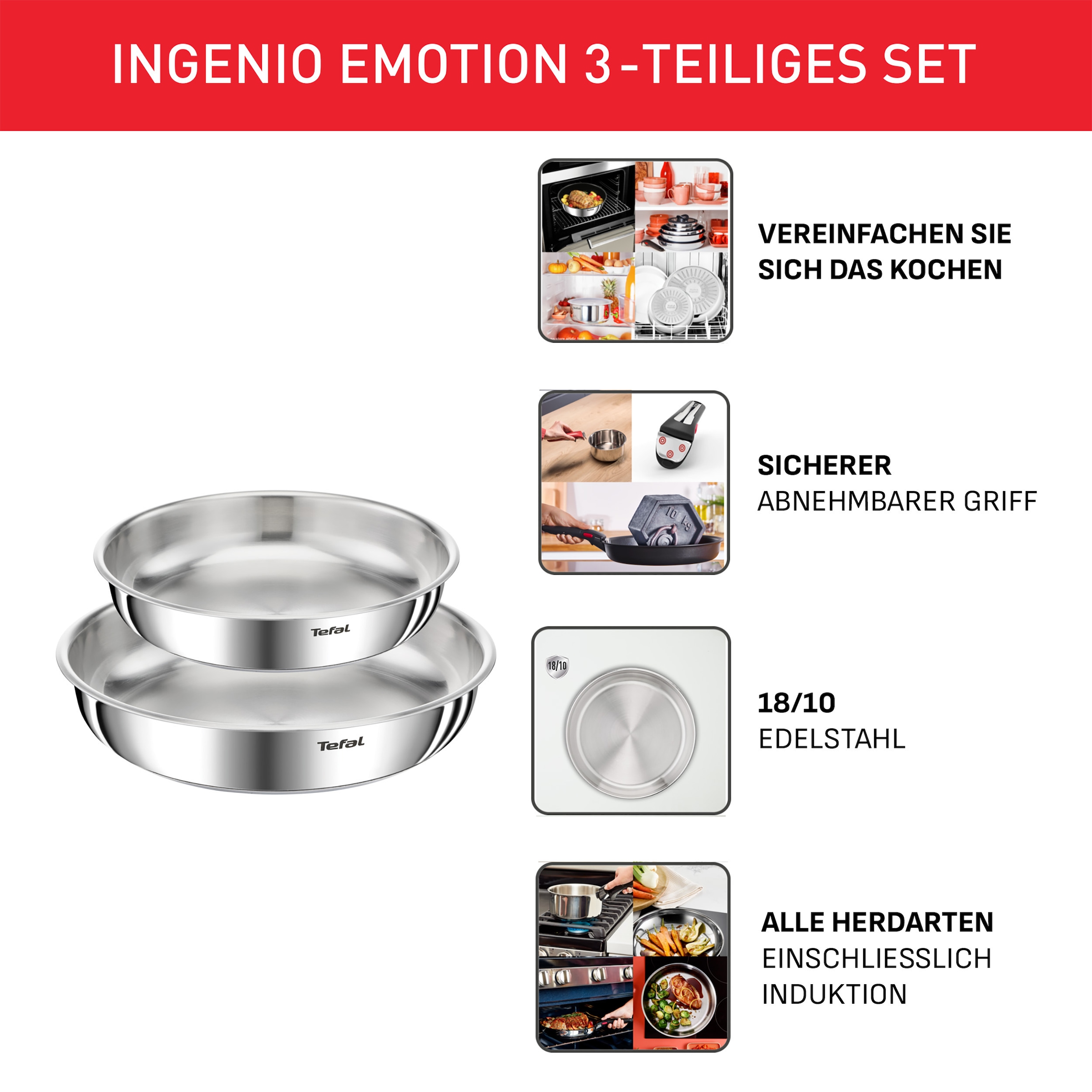 Tefal Pfannen-Set »Ingenio Emotion« Edelstahl Set, 3 tlg. abnehmbarer Ingenio-Griff, stapelbar, unversiegelt, induktionsgeeignet