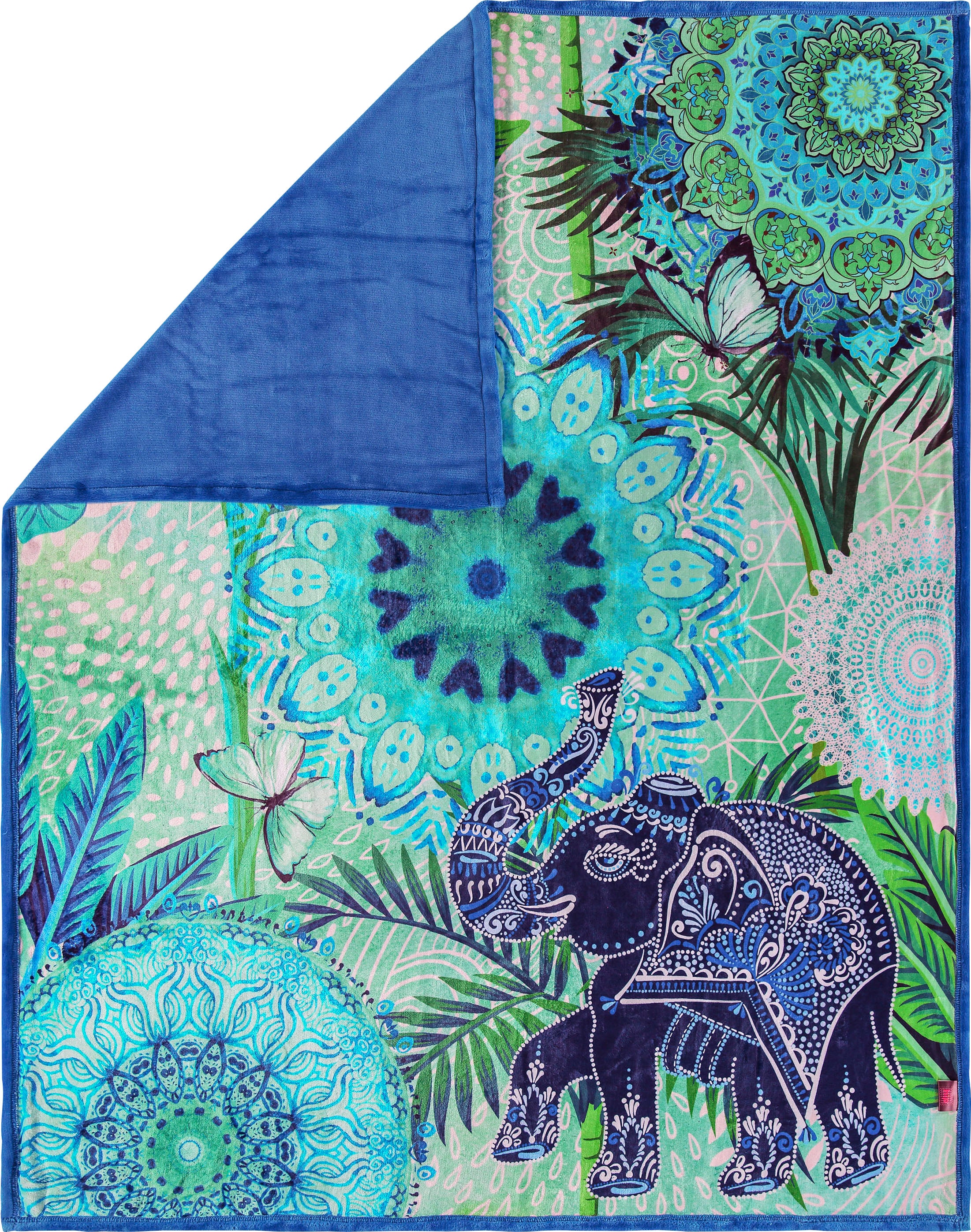 hip Plaid »Isara«, Weich, Kuscheldecke, 130x160 cm, Wendeoptik, Mandala, Elefant Blau