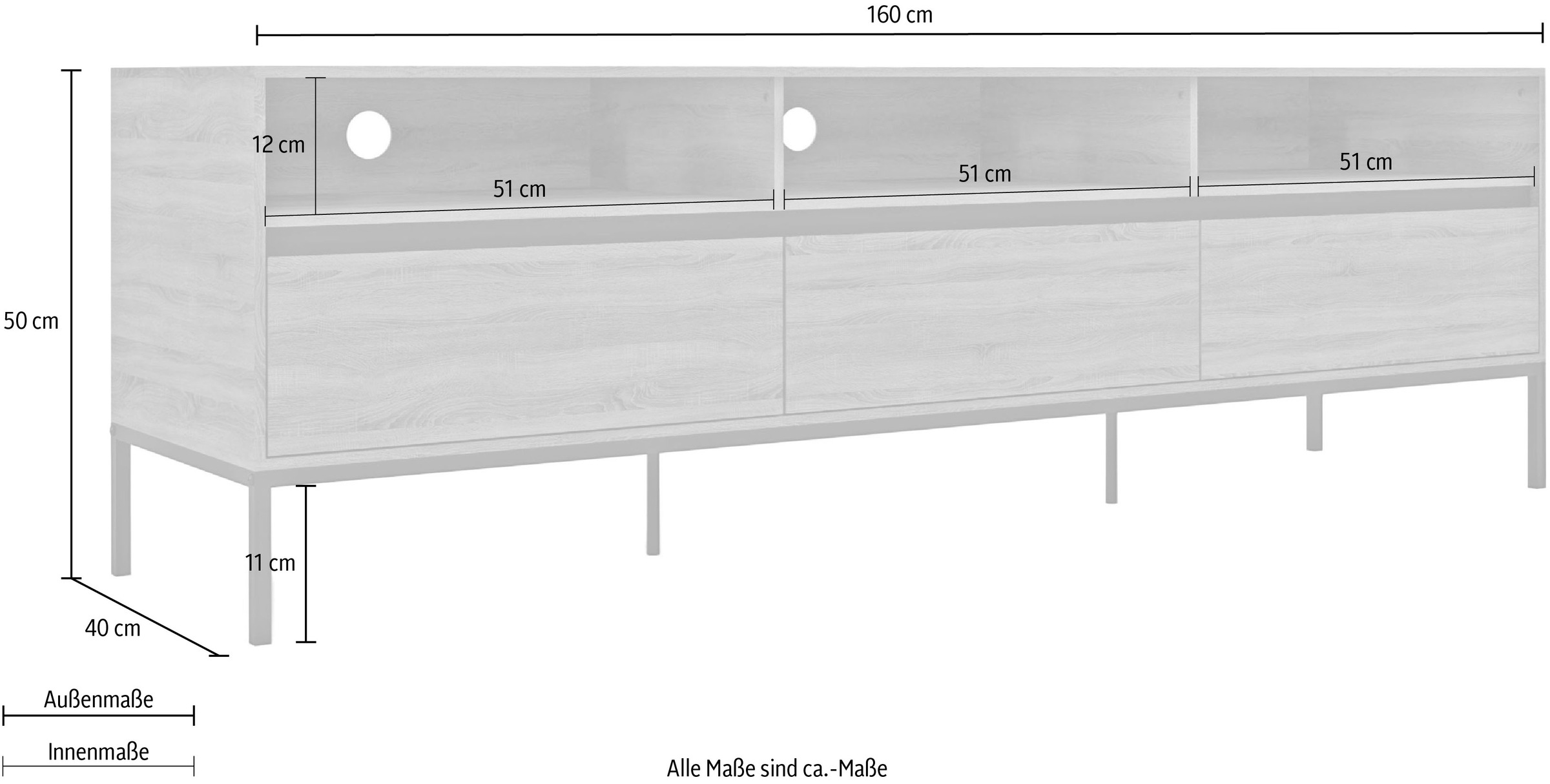 INOSIGN Lowboard »Bari«, Kommode mit 3 Schubladen und 3 Kabeldurchfürungen, Breite 160 cm
