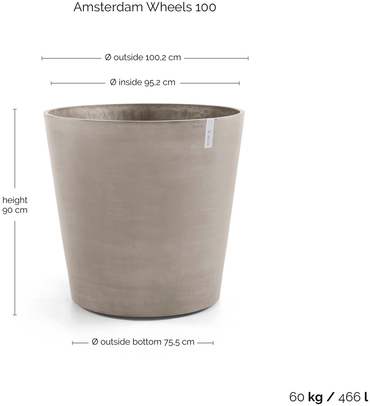 ECOPOTS Blumentopf »Amsterdam mit Rollen 100 Taupe«, für innen und außen: frostsicher, bruchsicher und lichtbeständig