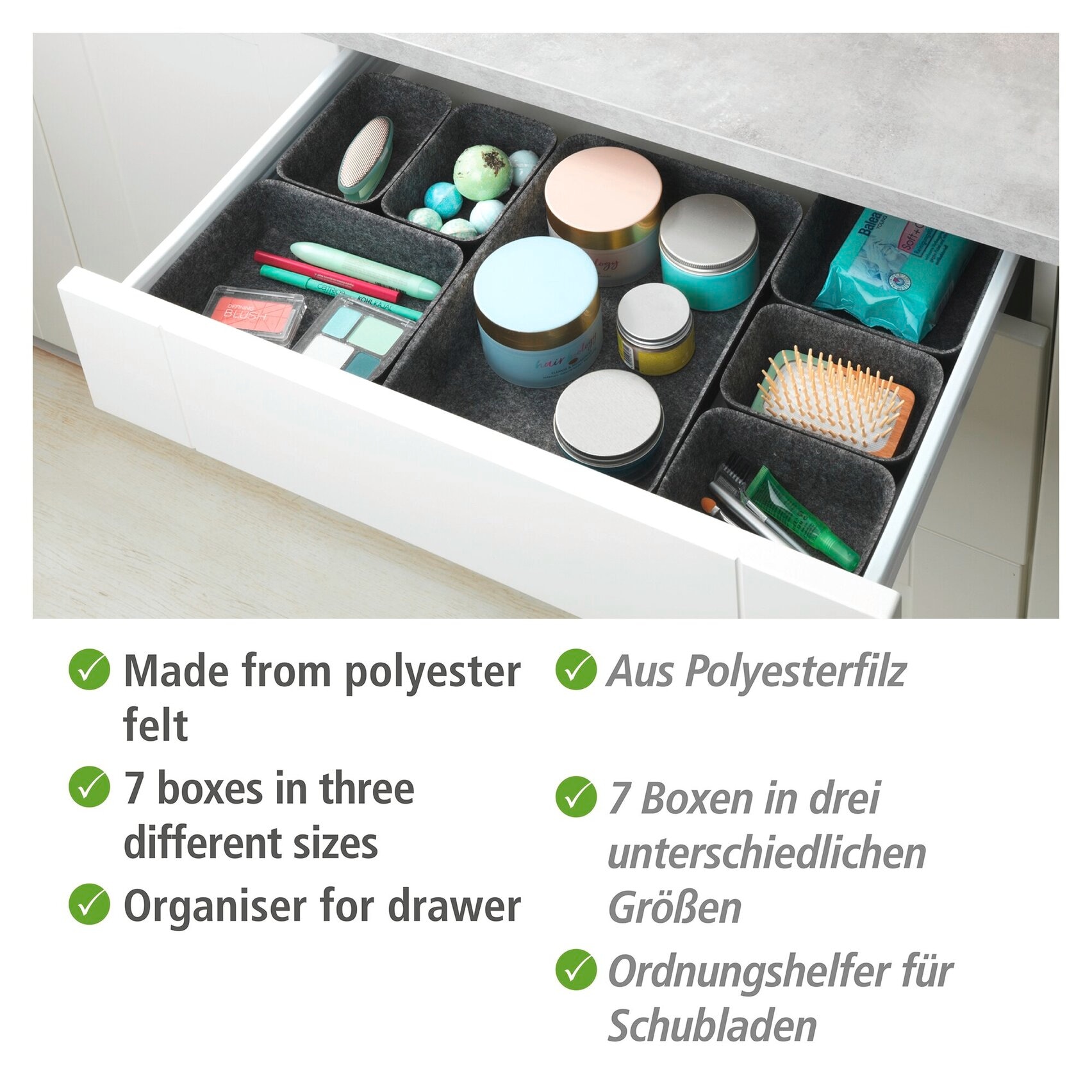 WENKO Organizer Aufbewahrungsboxen für Schubladen, 3 Größen, Polyesterfilz