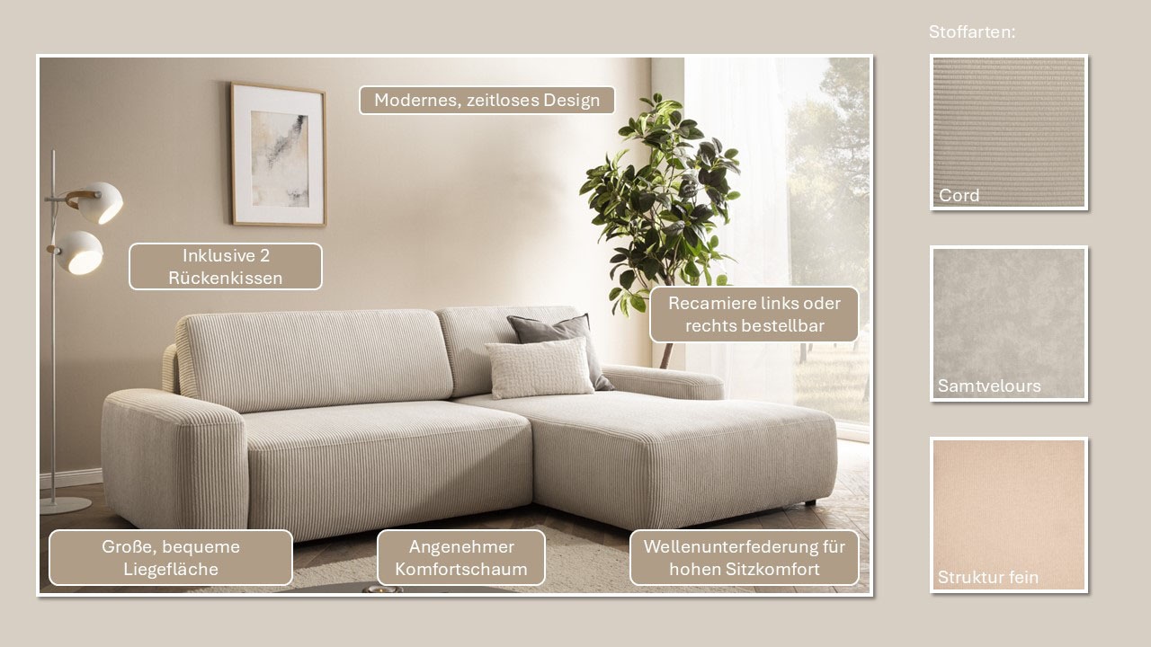 INOSIGN Ecksofa »TORGE (264cm), Schlafsofa in Cord, Samtvelours o Struktur fein, L-Form«, Schlaffunktion, Bettkasten, Liegefläche: 125/210 cm