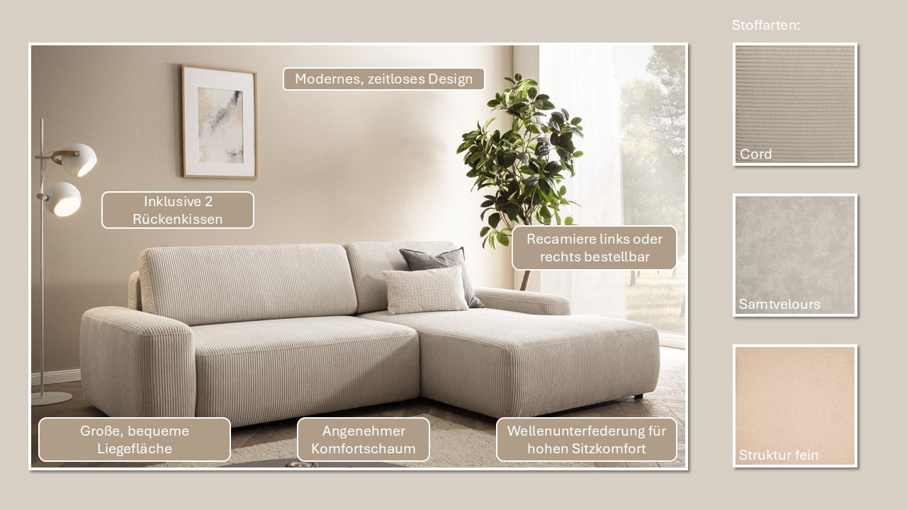 Thumbnail - Home affaire Ecksofa "TORGE (264cm), Schlafsofa in Cord, Samtvelours o Struktur fein, L-Form" Schlaffunktion, Bettkasten...