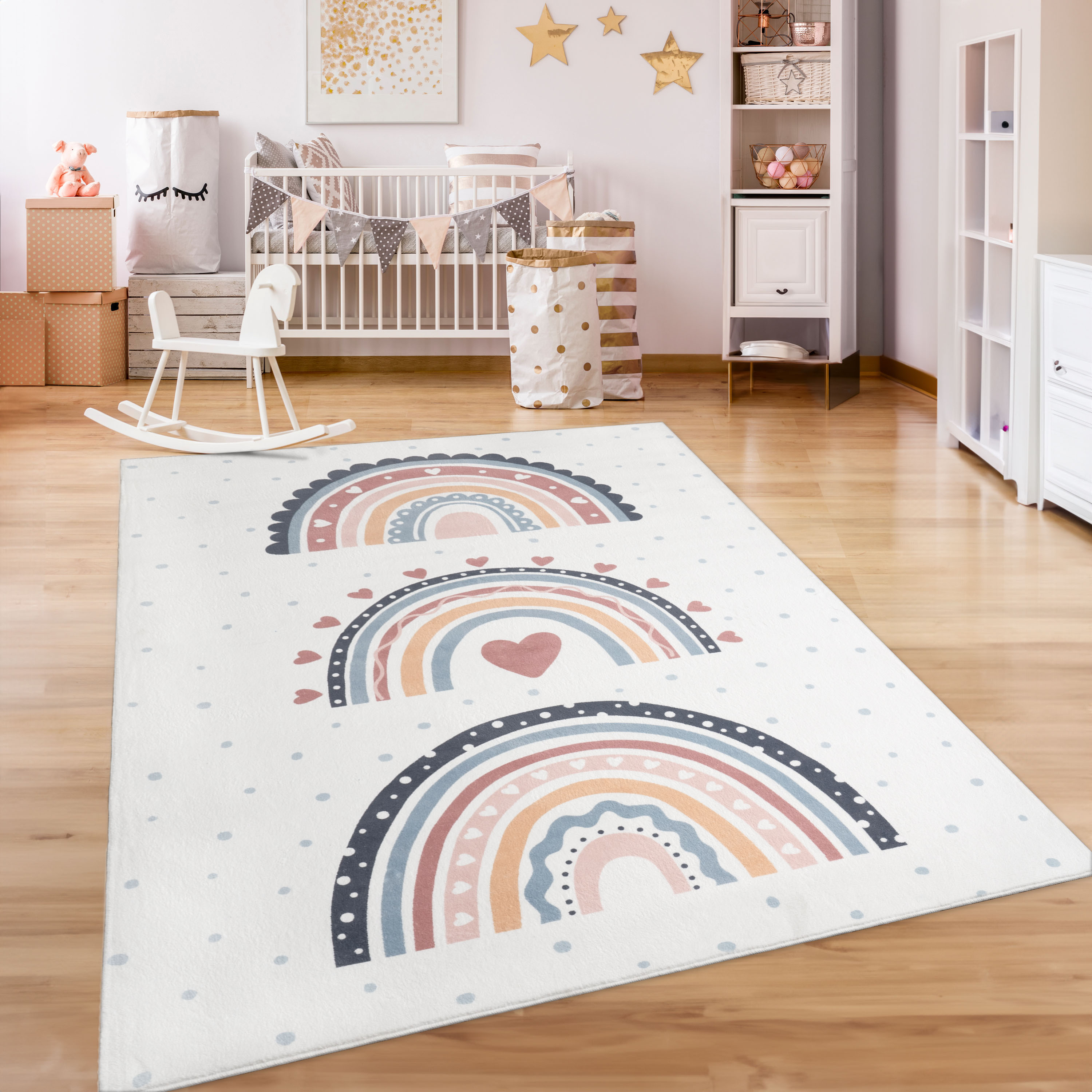 Paco Home "Eliz 392" rechteckig 12 mm Höhe Kurzflor, Spielteppich, Patchwork-Muster, Motiv Punkte & Regenbogen