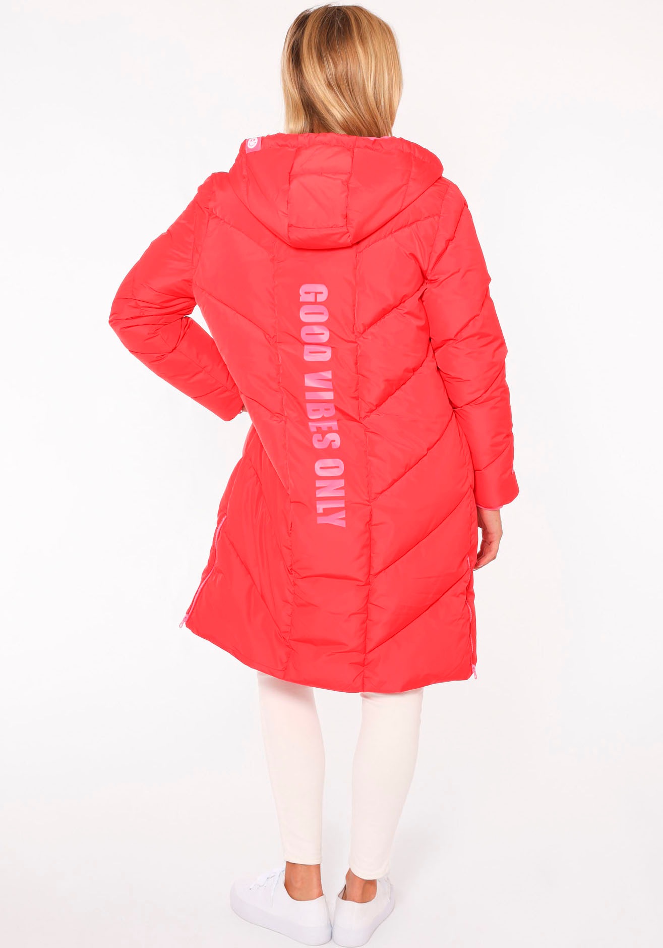 Thumbnail - Zwillingsherz Steppjacke ""Good Vibes Only"" mit Kapuze mit Kapuze, Backprint und bedrucktem Zugband