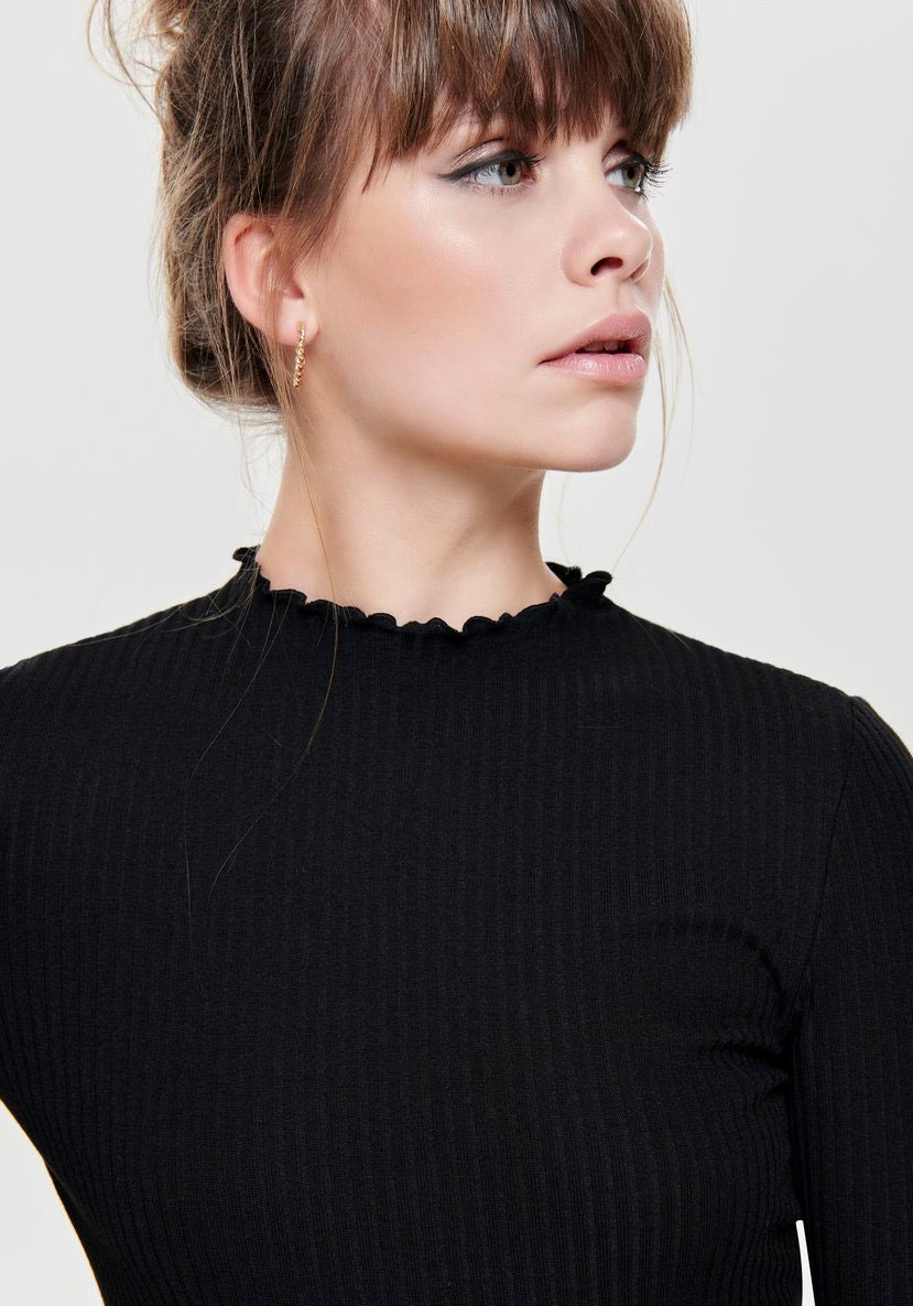 Langarmshirt ONLY "ONLEMMA L/S HIGH NECK TOP", Damen, Gr. S, schwarz, Jersey, Obermaterial: 65% Polyester, 30% Viskose, 5% Elasthan, unifarben, sehr schmal normal, hoch geschlossener Ausschnitt, gewellter Abschluss, Shirts Langarmshirt 4