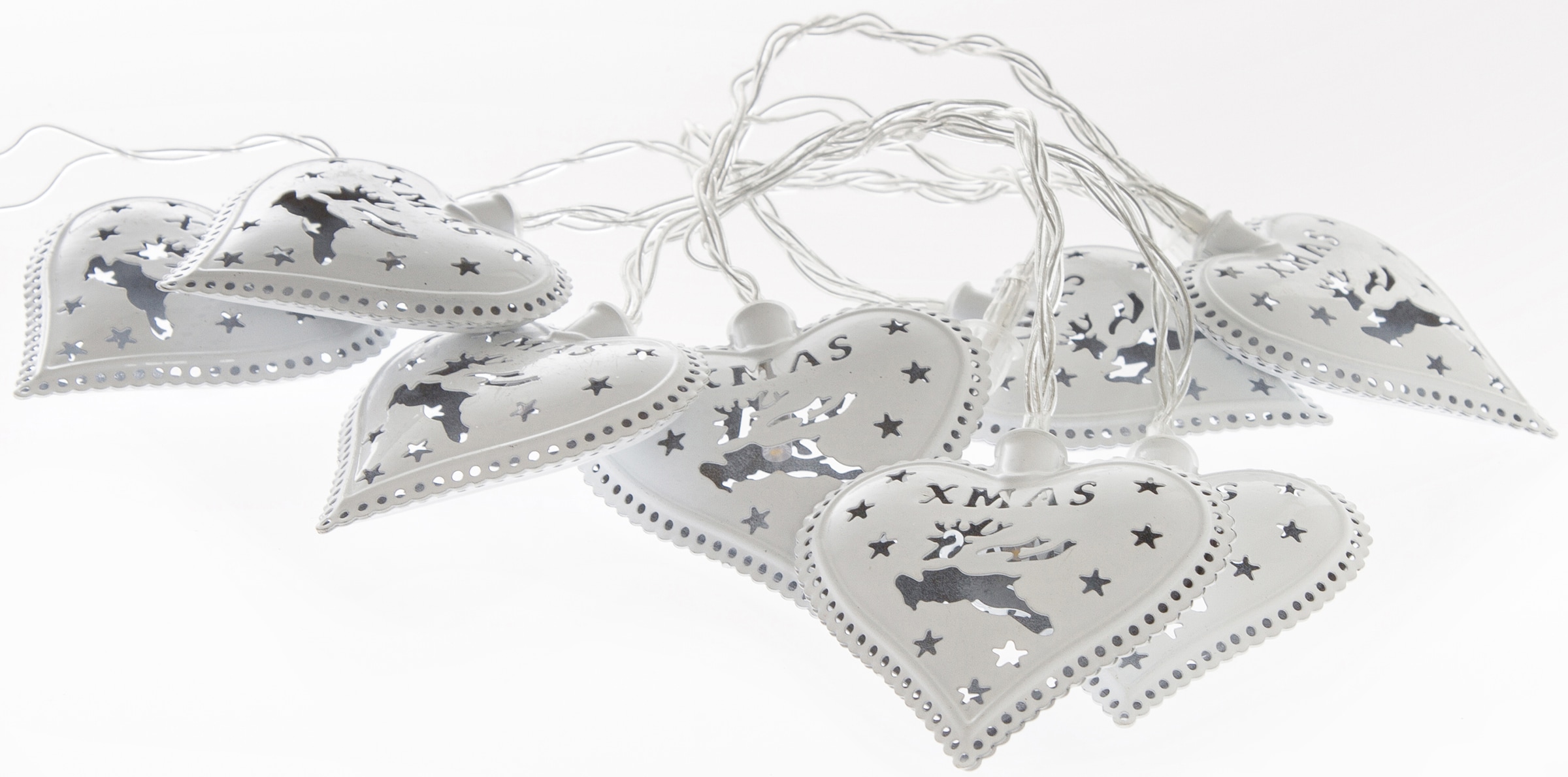 Dekoobjekt "Weihnachtsdeko mit 10 LEDs", silber, MYFLAIR MÖBEL & ACCESSOIRES, Dekofiguren, LED-Lichterkette mit Herzen und Rentiermotiv, Länge ca.
