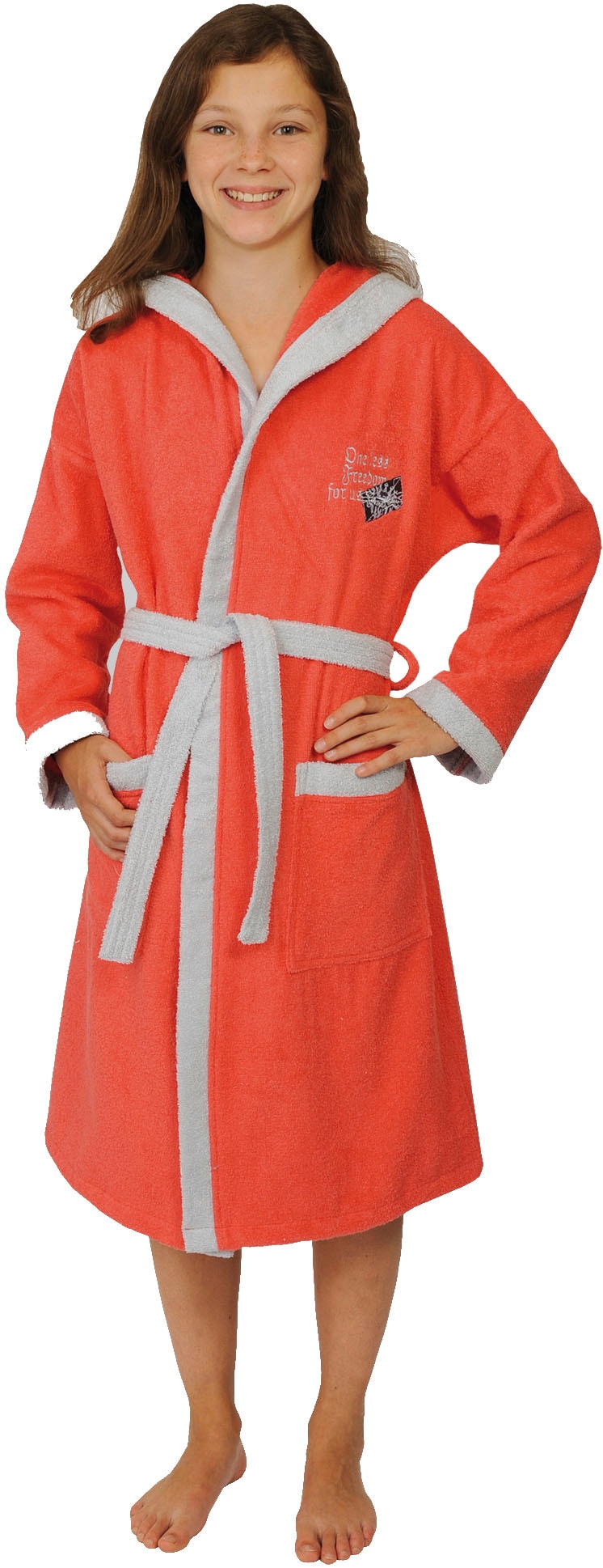 Kinderbademantel WÖRNER, L:85cm, rot, Baumwoll-Webfrottier, Hausmäntel, "Freedom", mit Stickerei, mit Taschen, maschinenwaschbar, trocknergeeignet