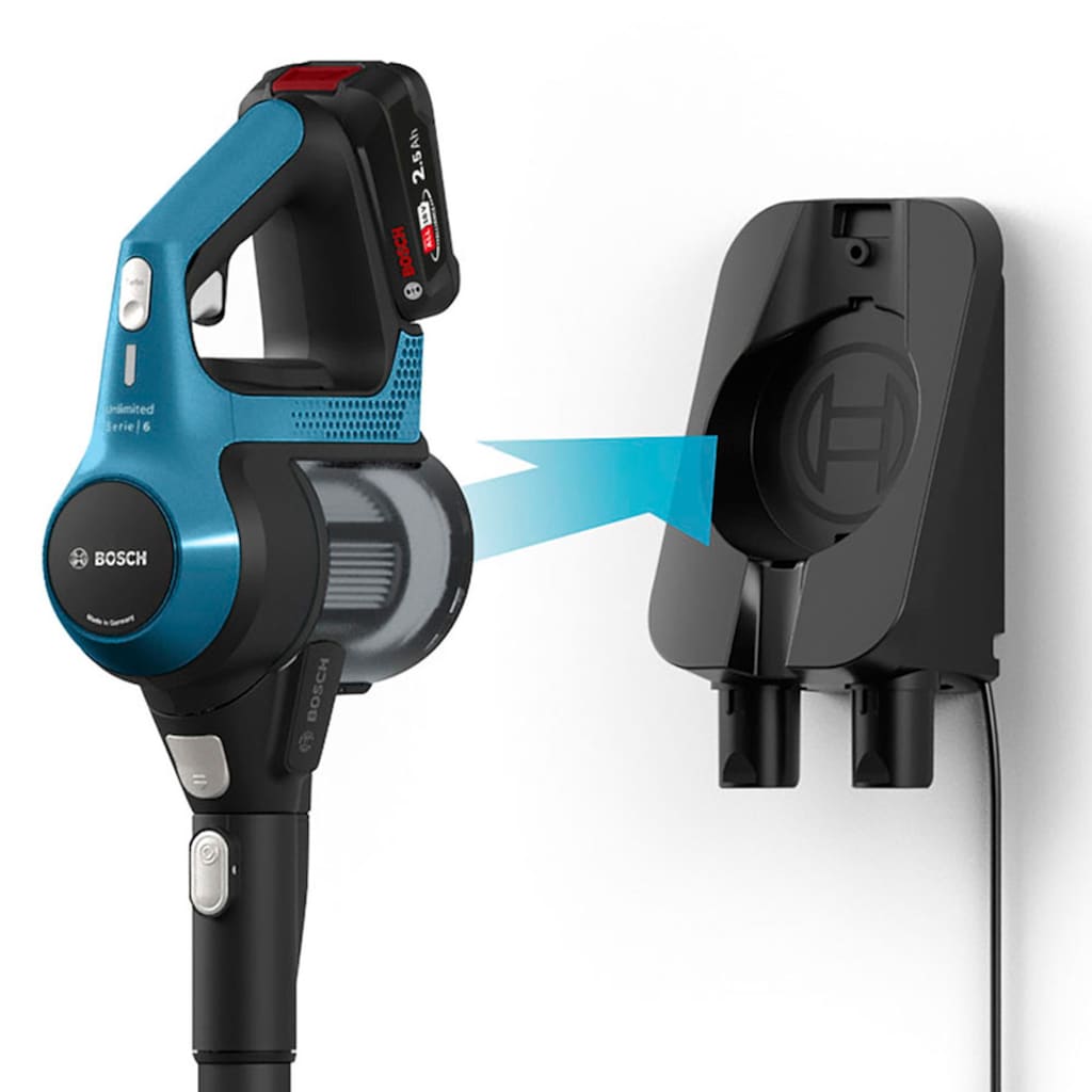 BOSCH Akku-Stielstaubsauger »Unlimited 6 BKS6111P, Hygiene-Filter, 10 Jahre Motorgarantie, leicht«, Akku wechselbar, alle Bodenarten, hohe Saugkraft, lange Laufzeit, blau