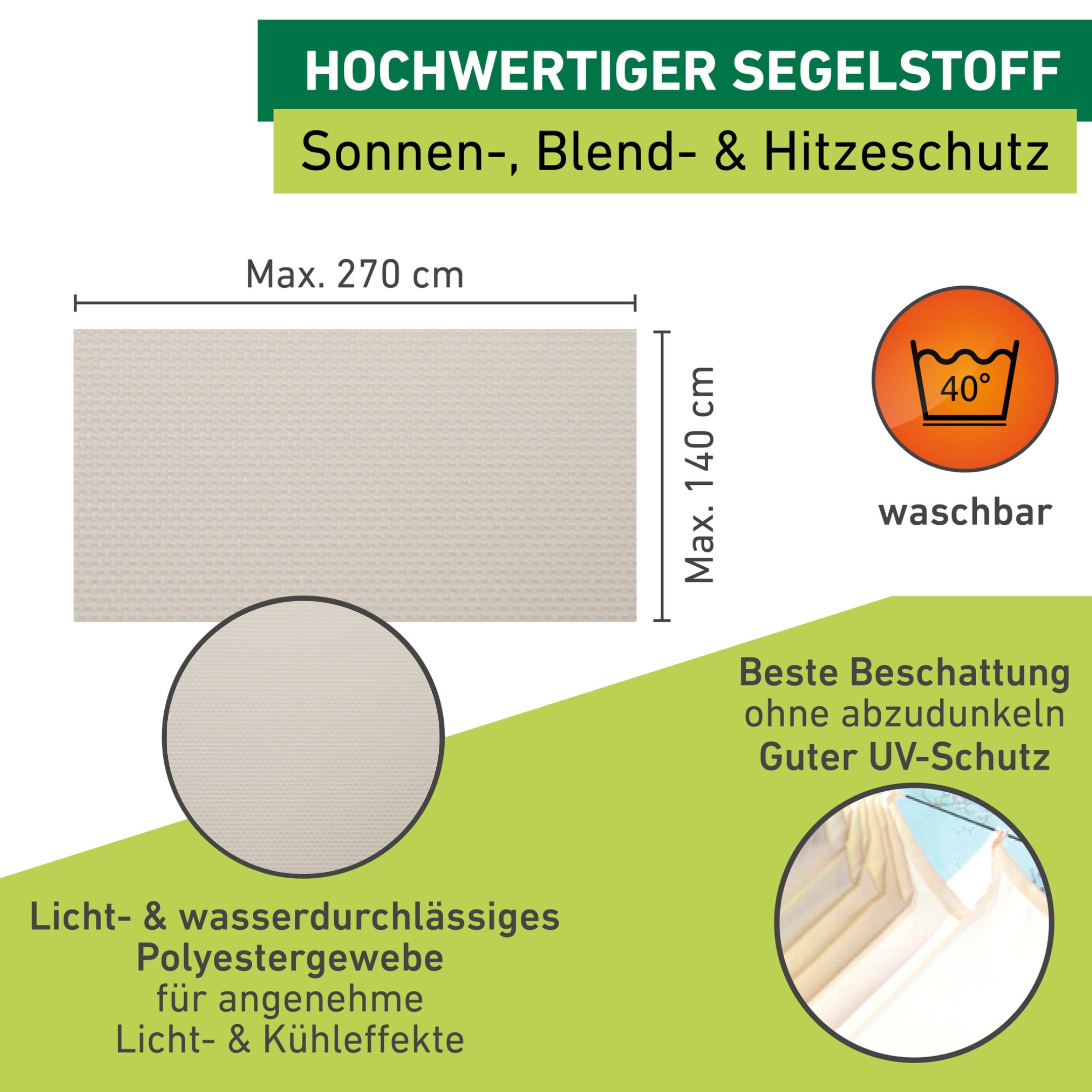 Windhager Sonnensegel für Seilspannmarkise, inklusive Laufhaken, 2,7x1,4 m