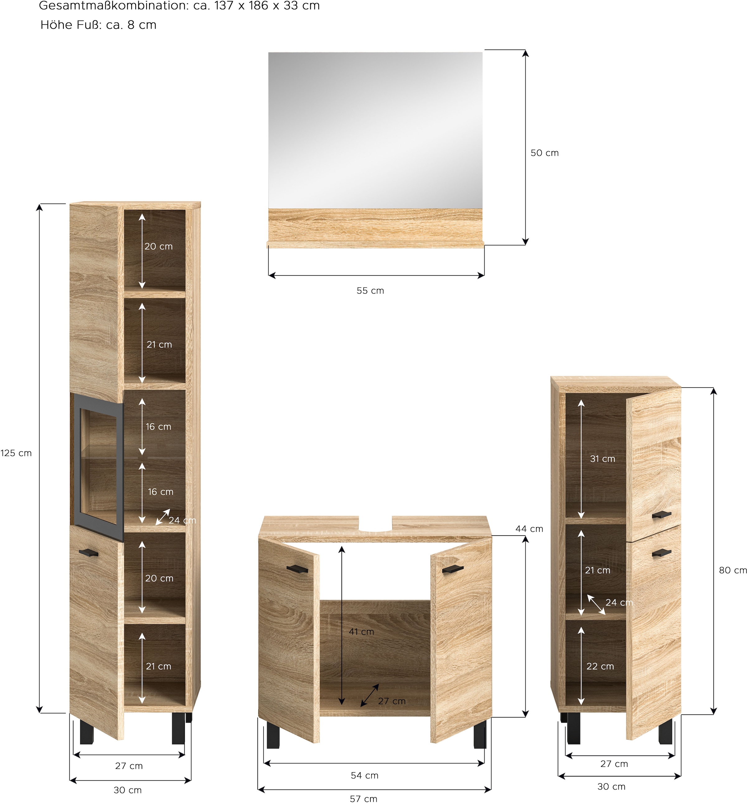 welltime Badmöbel-Set »Tampa, Breite 137cm, 4-teilig«, (4 St.), Waschbeckenunterschrank, Spiegel, Hochschrank, Midischrank