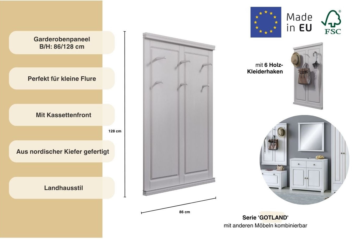 Home affaire Garderobenpaneel »Gotland«, aus massiver Kiefer, FSC®-zertifiziert, mit 6 Haken, 85 cm breit
