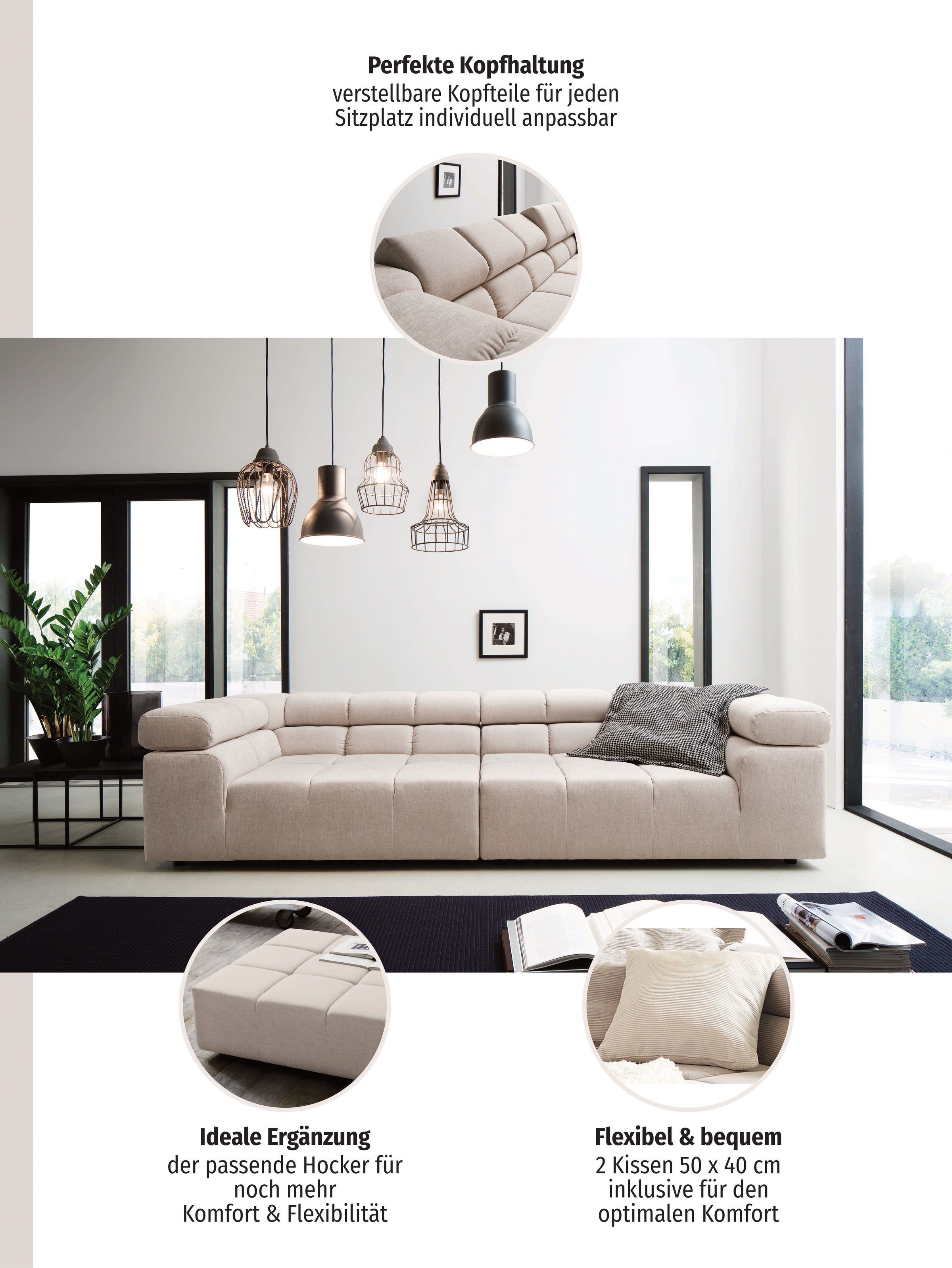 Thumbnail - INOSIGN Big-Sofa "Ancona B/T/H: 290/110/70 cm" auffällige Steppung, inkl. 2 Zierkissen und verstellbaren Kopfstützen