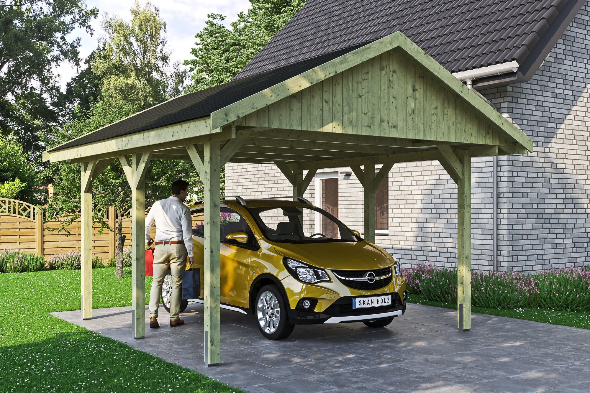 Skanholz Einzelcarport »Wallgau«, Nadelholz, 340 cm, Grün, mit schwarzen Dachschindeln