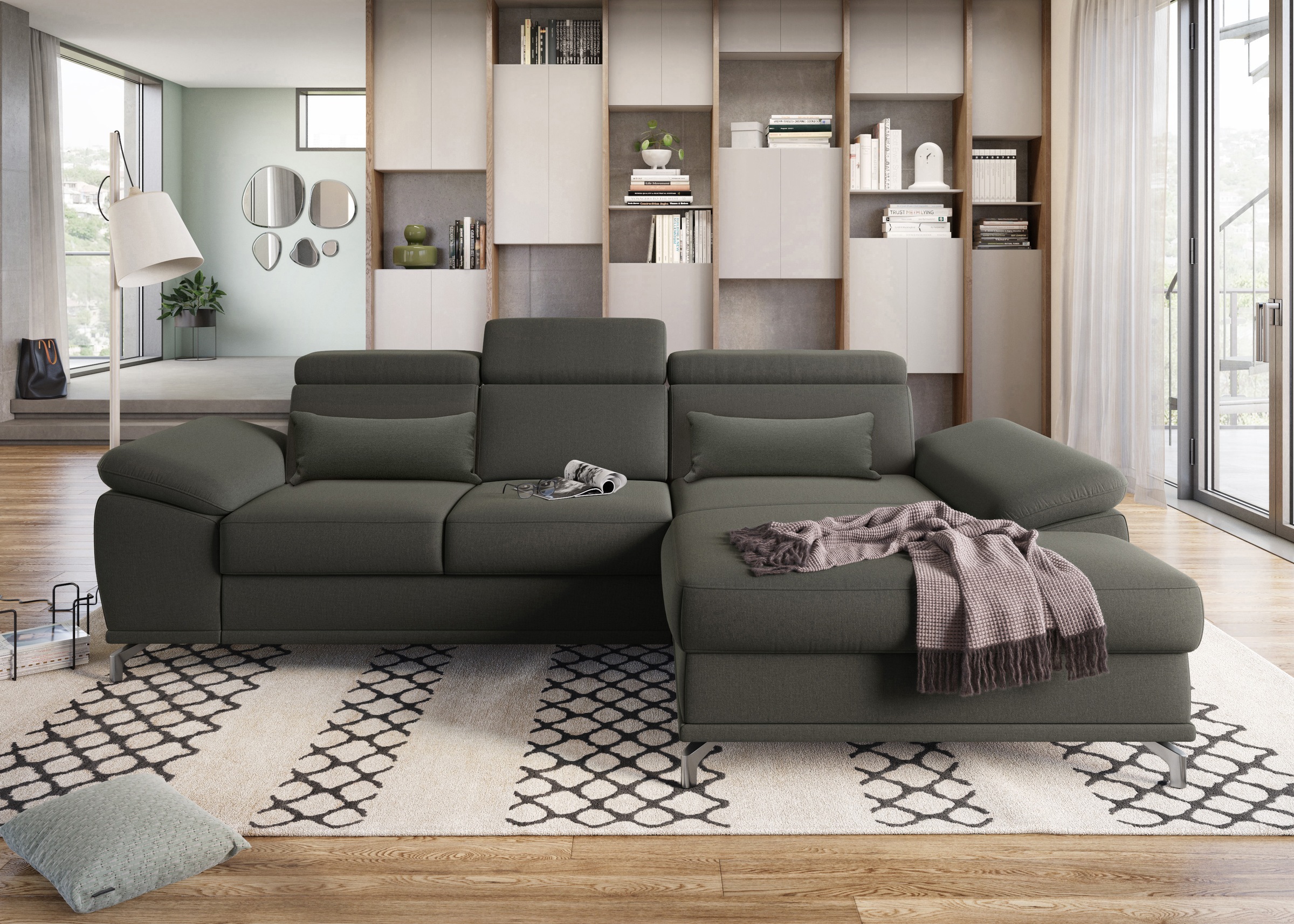 sit&more Ecksofa »Cabrio L-Form, mit Sitztiefenverstellung, Arm- und Kopfteilverstellung«, 2 Nierenkissen, Federkern, optional Bettfunktion und Stauraum