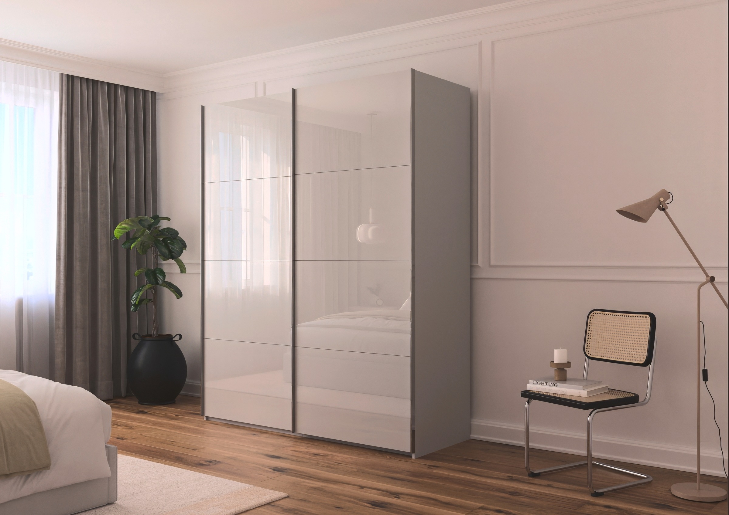 rauch Schwebetürenschrank »Kleiderschrank Schrank Garderobe Schlafzimmerschrank SCALE-FYRA«, edle viergeteilte Türen mit Glas-Front viele Farben MADE IN GERMANY