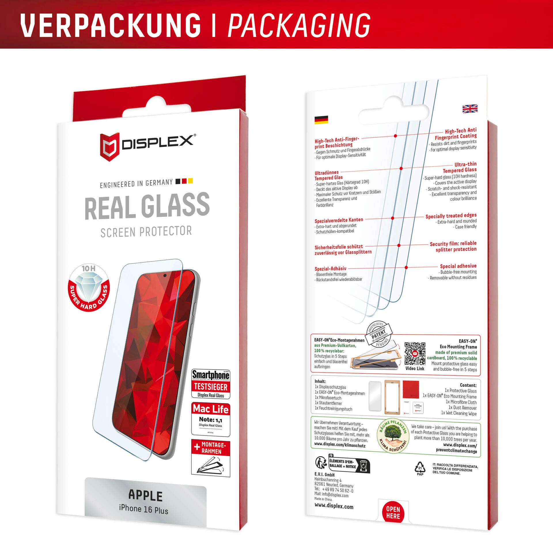 Displex Displayschutzglas »Real Glass Screen Protection«, für Apple iPhone 16 Plus-Apple iPhone 15 Plus-Apple iPhone 15 Pro Max, Displayschutzfolie, Schutzfolie, Bildschirmschutz, kratz- & stoßfest