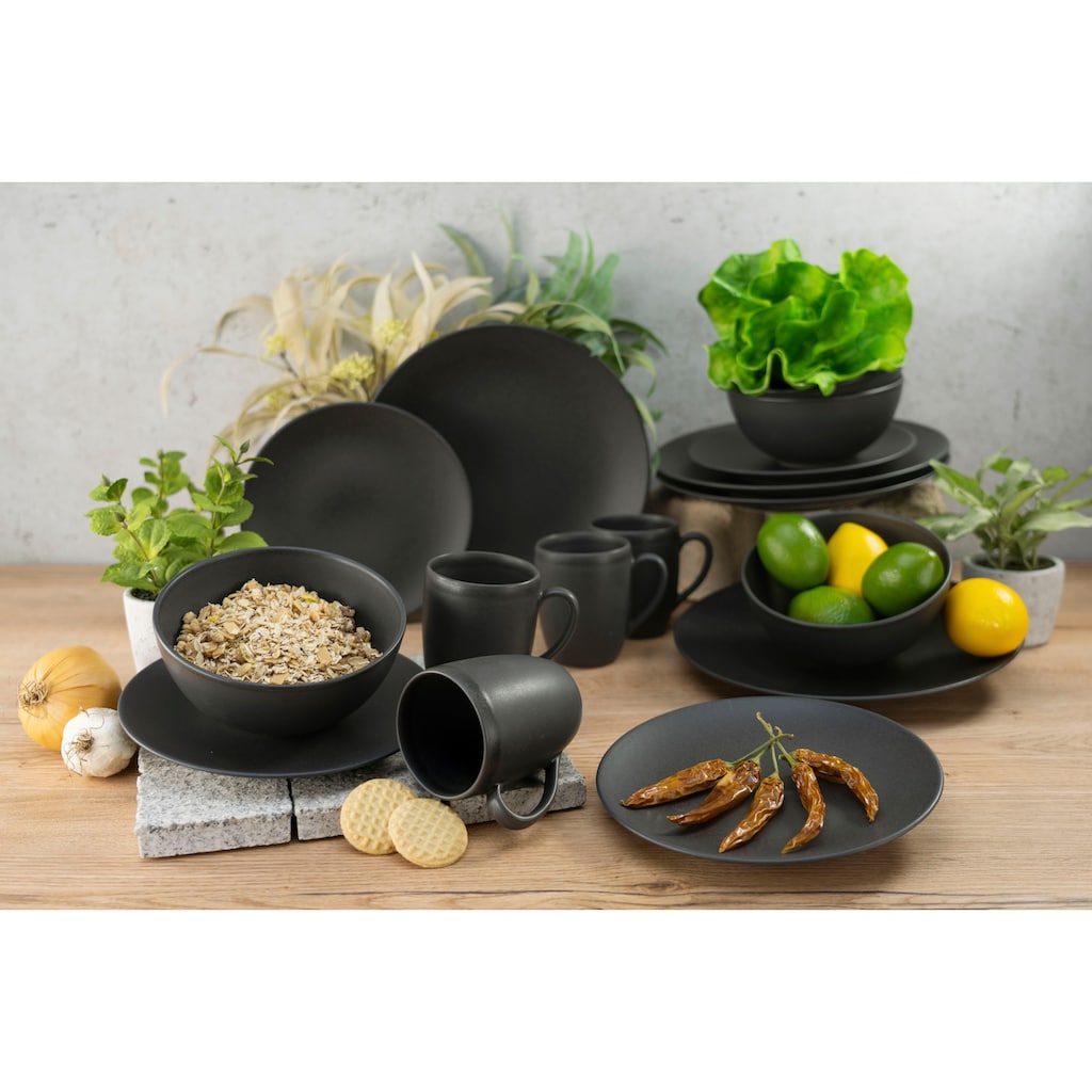 CreaTable Kombiservice »Geschirr-Set Soft Touch Black«, (Set, 16 tlg., Kaffeeservice und Tafelservice im Set, für 4 Personen)