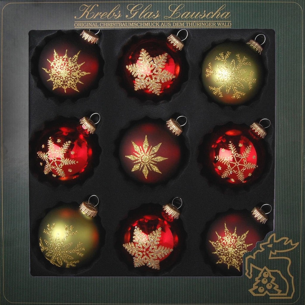 Krebs Glas Lauscha Weihnachtsbaumkugel »Schneeflocken, Weihnachtsdeko rot, Christbaumschmuck«, (Set, 9 St.)