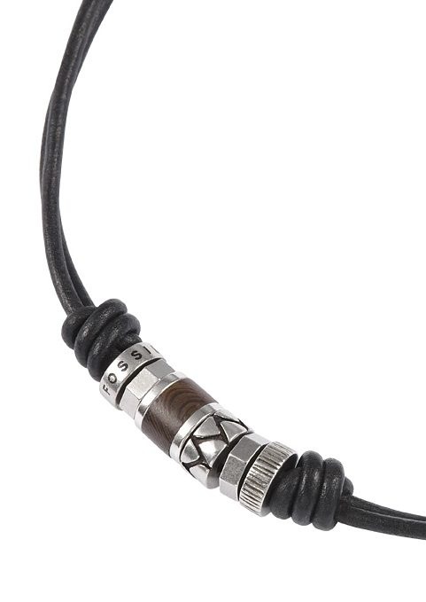 Kette mit Anhänger FOSSIL "Schmuck Geschenk Edelstahl Leder Halsschmuck", bunt (silberfarben, schwarz, braun), Halsketten, Herren, Edelstahl Holz Leder, L: 50, Edelstahl, Holz, Leder 2