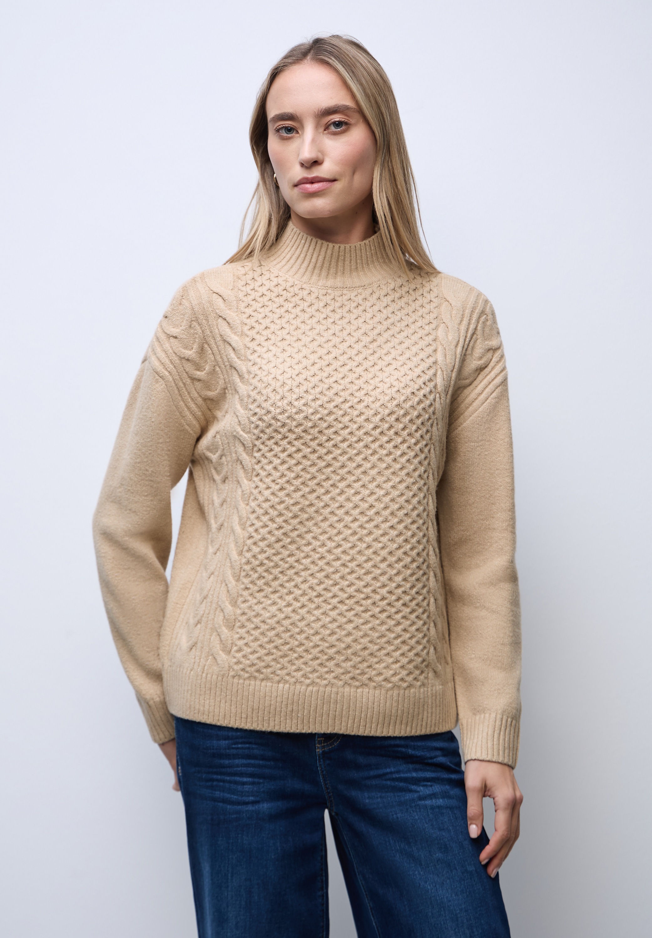 Rollkragenpullover STREET ONE, Damen, Gr. 38, sanded beige, Web, 34% Baumwolle, 34% Polyacryl, 29% Polyester, 3% Elasthan, unifarben, normal normal, hoch geschlossener Ausschnitt, Rippbündchen, Pullover Rollkragenpullover, Grobstrick
