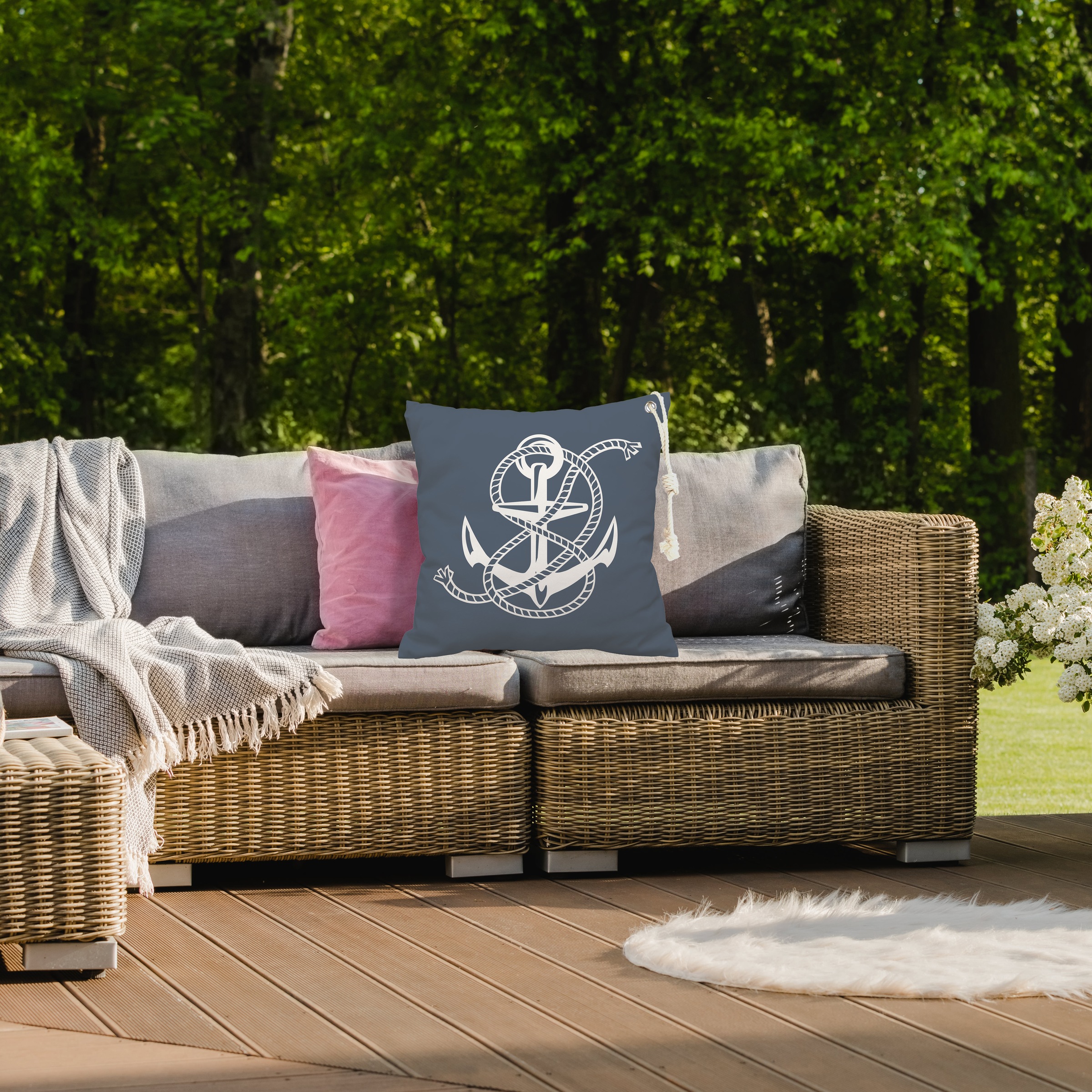 queence Dekokissen »Maritimer Anker Sylt«, Outdoor-Kissen mit Öse und dicker Stoffkordel