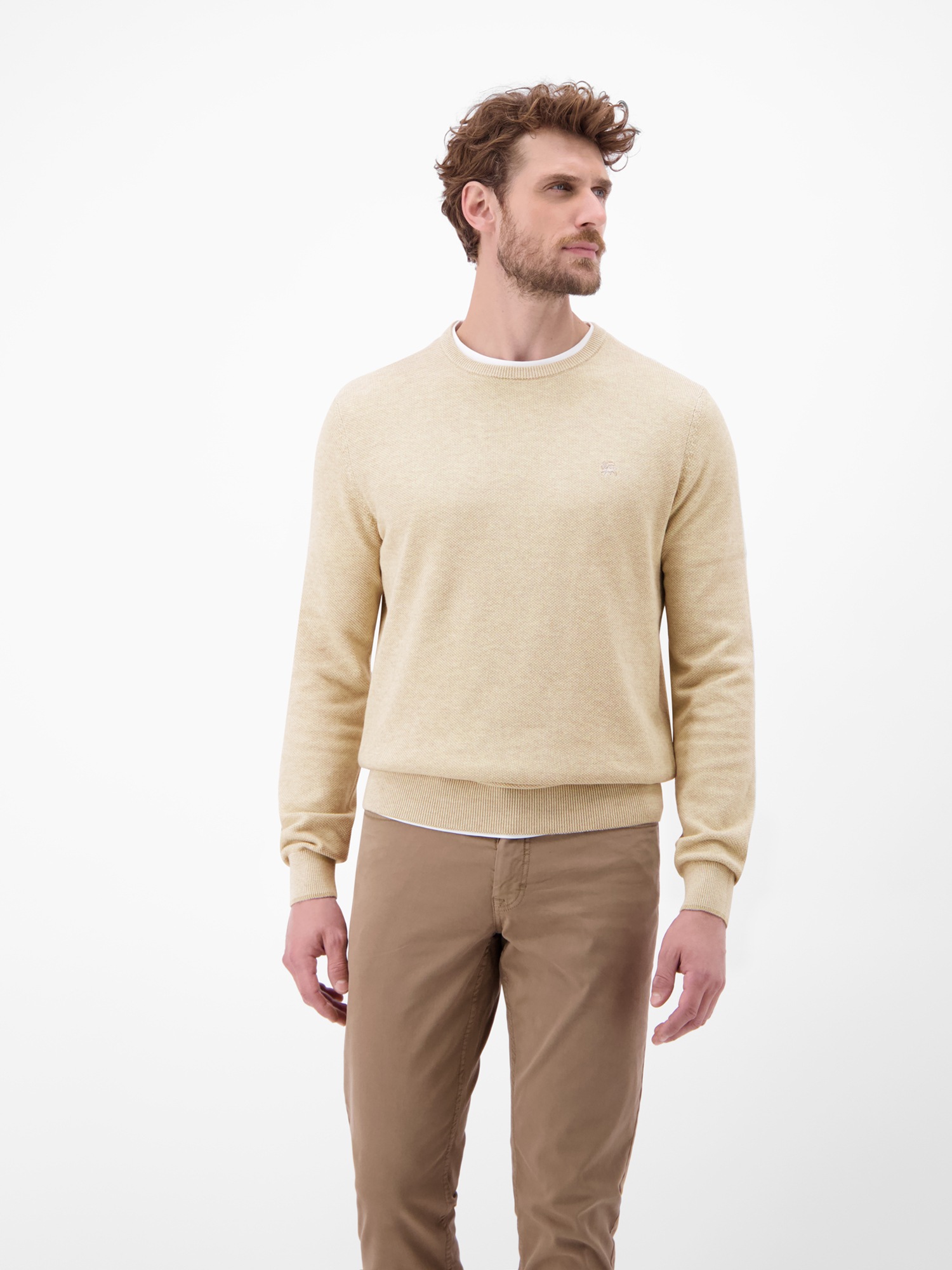 Strickpullover LERROS "Sportiver Strickpullover", Herren, Gr. XL, tender beige melange, 100% Baumwolle, Rundhals, Pullover Strickpullover 6